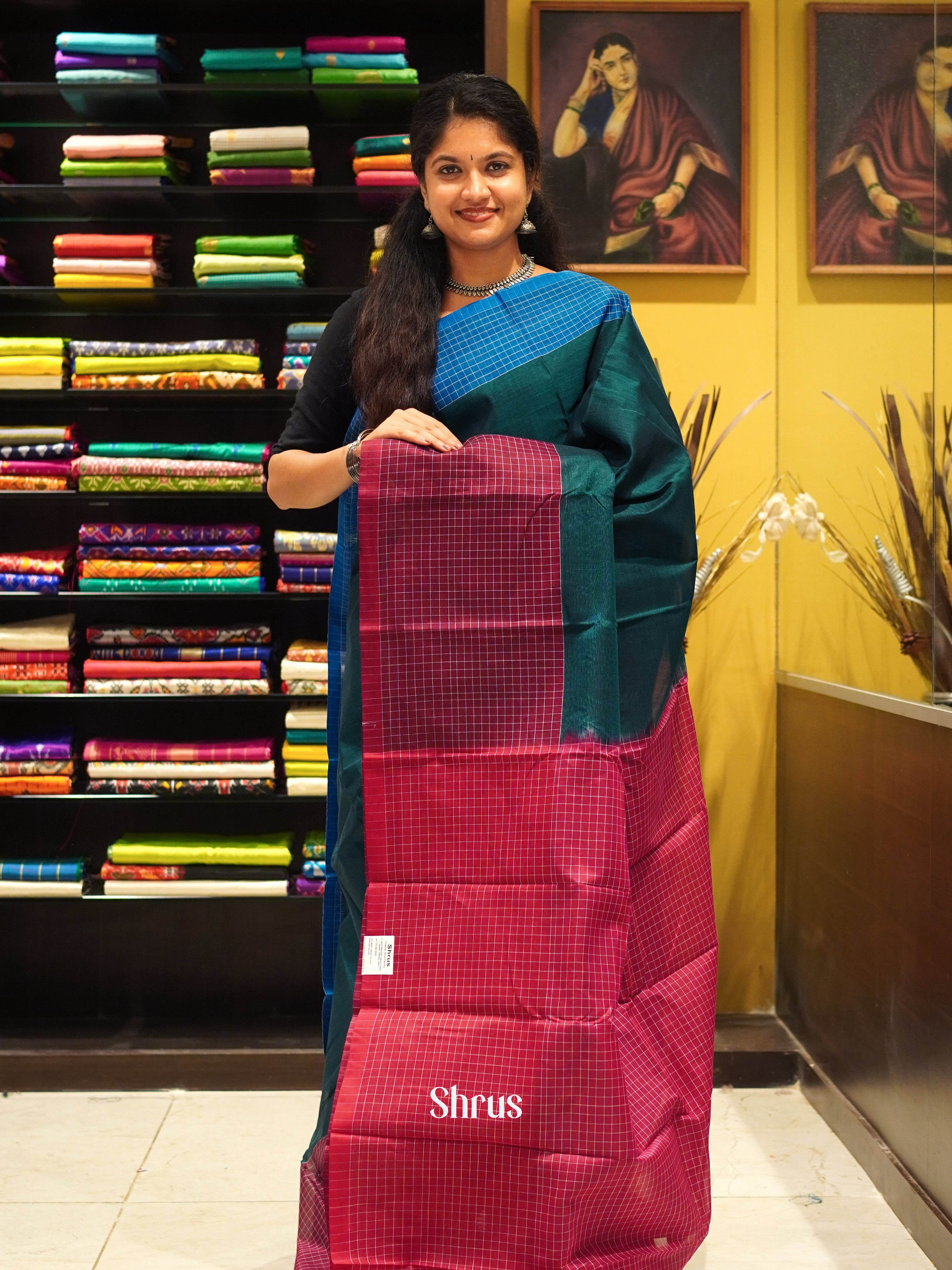 Peacock Green & Red - Mercerized cotton Saree - Shop on ShrusEternity.com