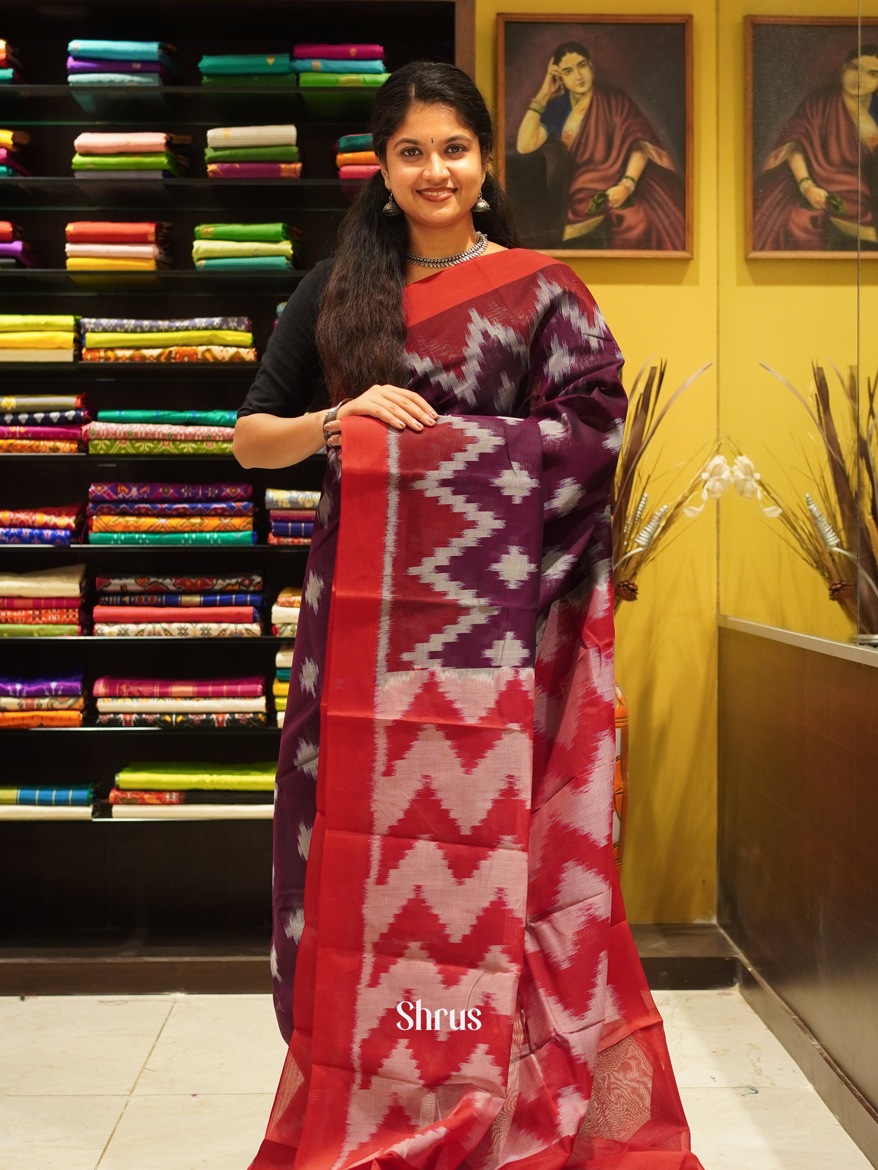 Wine & Red - Dhakhai cotton Saree - Shop on ShrusEternity.com