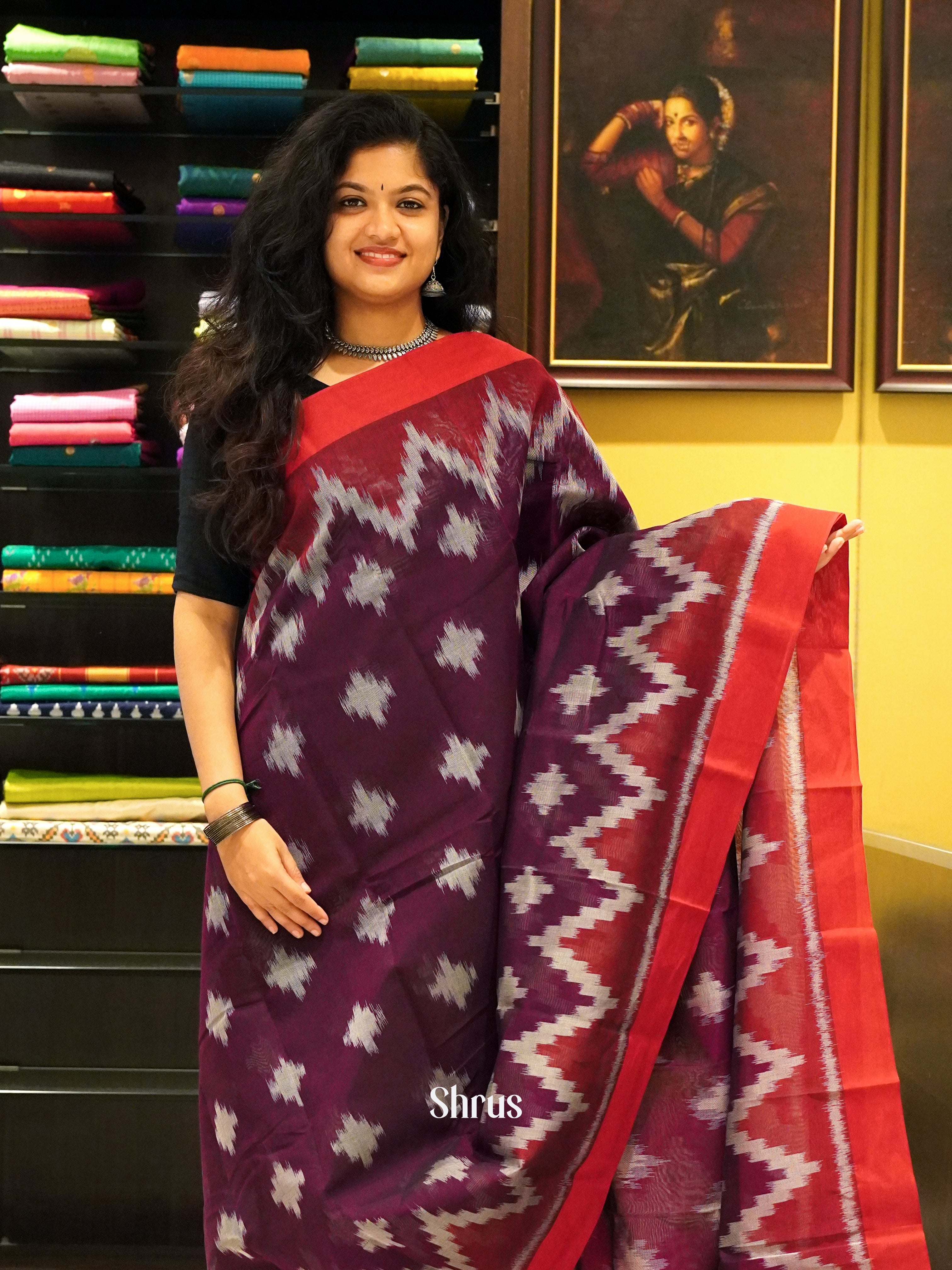 Wine & Red - Dhakhai cotton Saree - Shop on ShrusEternity.com