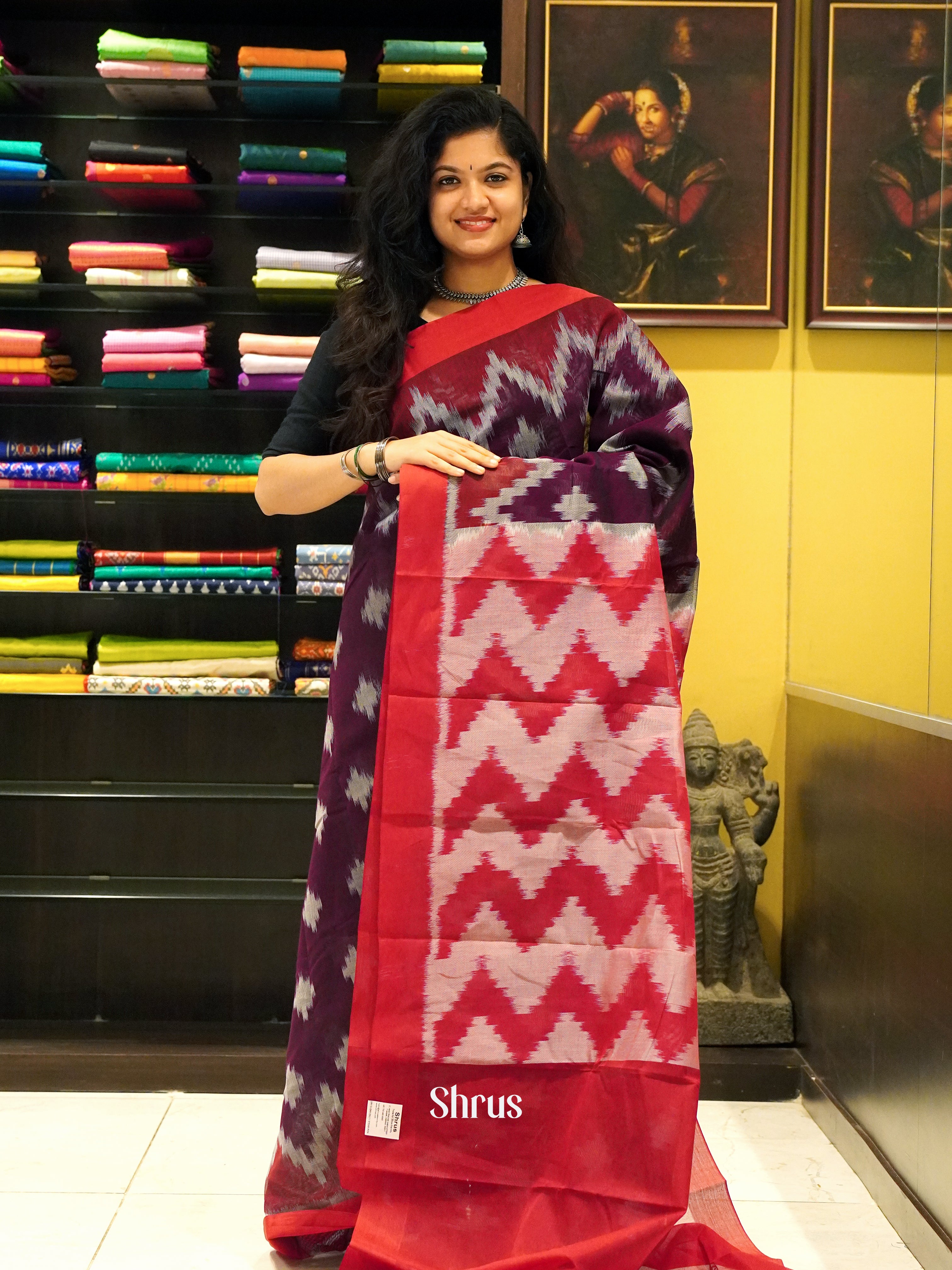 Wine & Red - Dhakhai cotton Saree - Shop on ShrusEternity.com