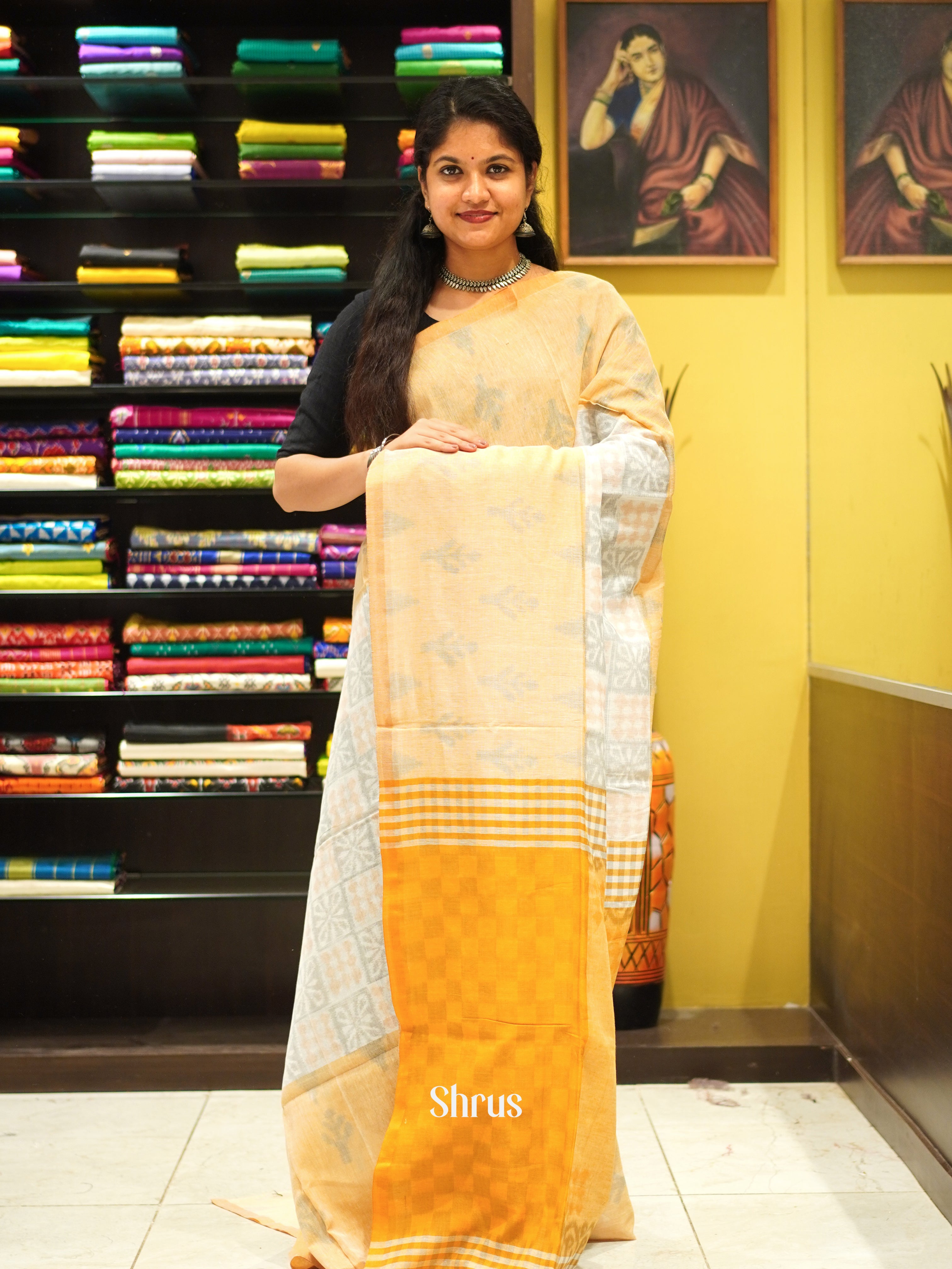 Cream & Yellow - Bengal cotton Saree - Shop on ShrusEternity.com