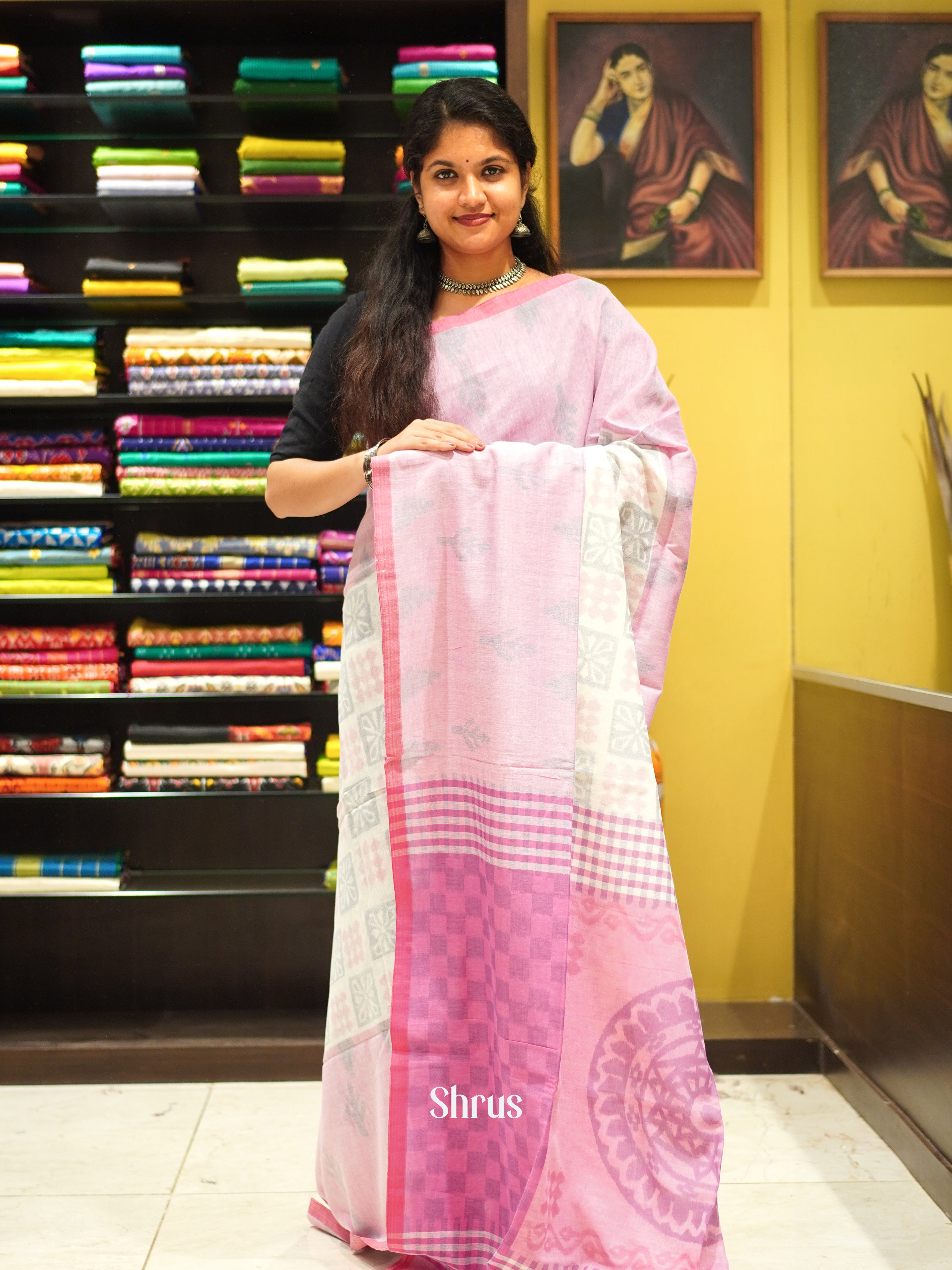 Cream & Pink - Bengal cotton Saree - Shop on ShrusEternity.com