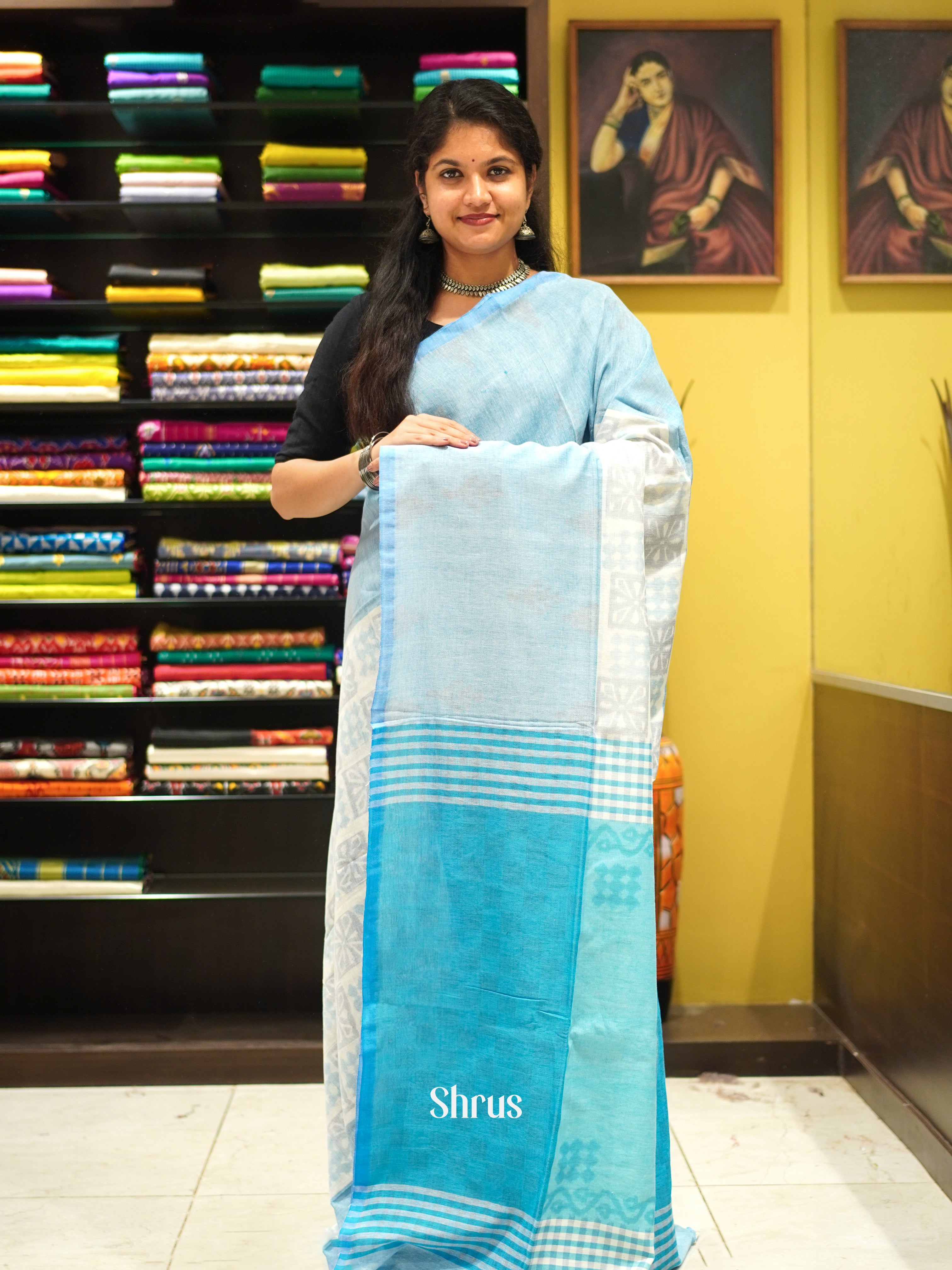 Cream & Blue - Bengal cotton Saree - Shop on ShrusEternity.com