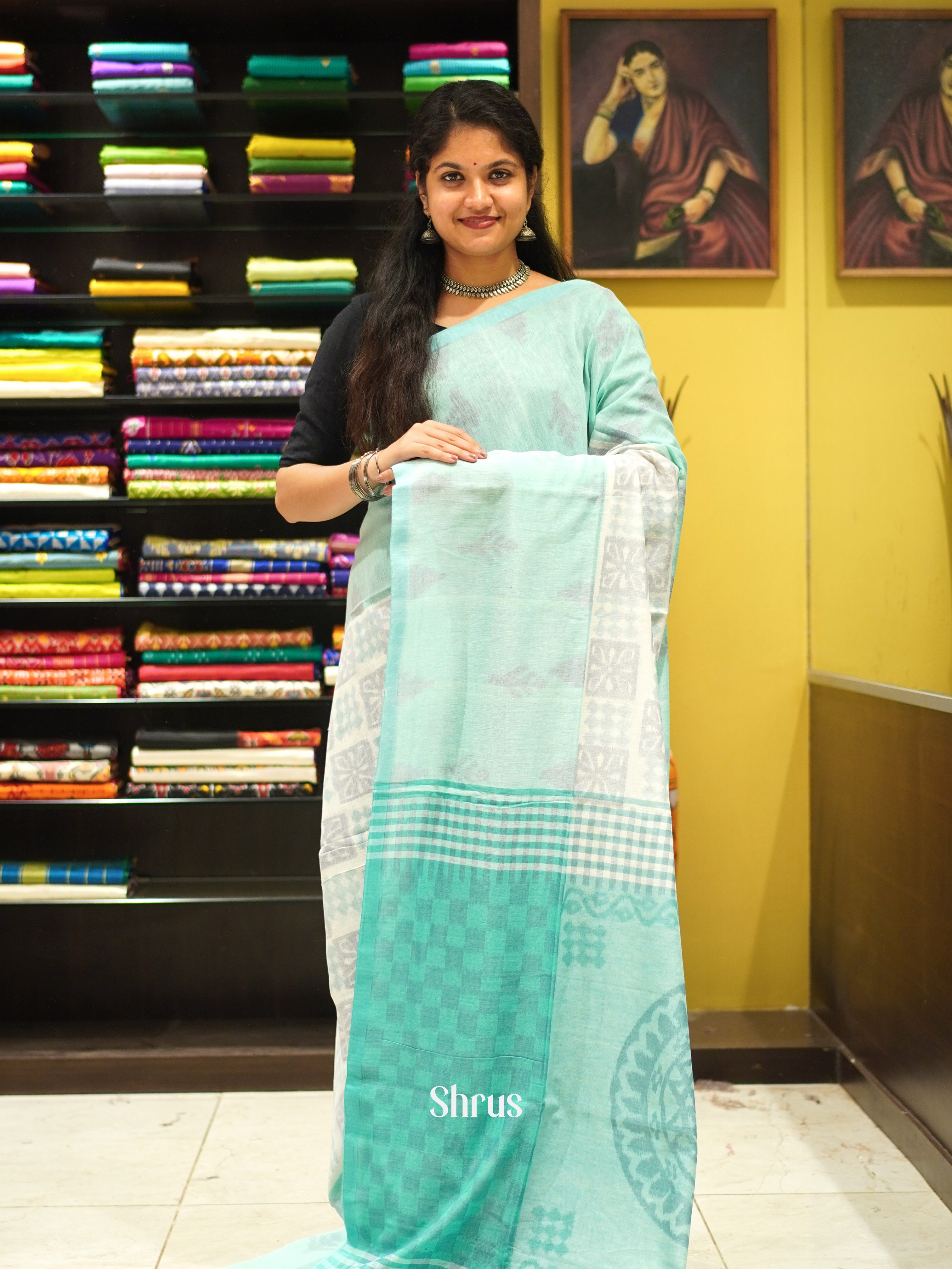 Cream & Green - Bengal cotton Saree - Shop on ShrusEternity.com