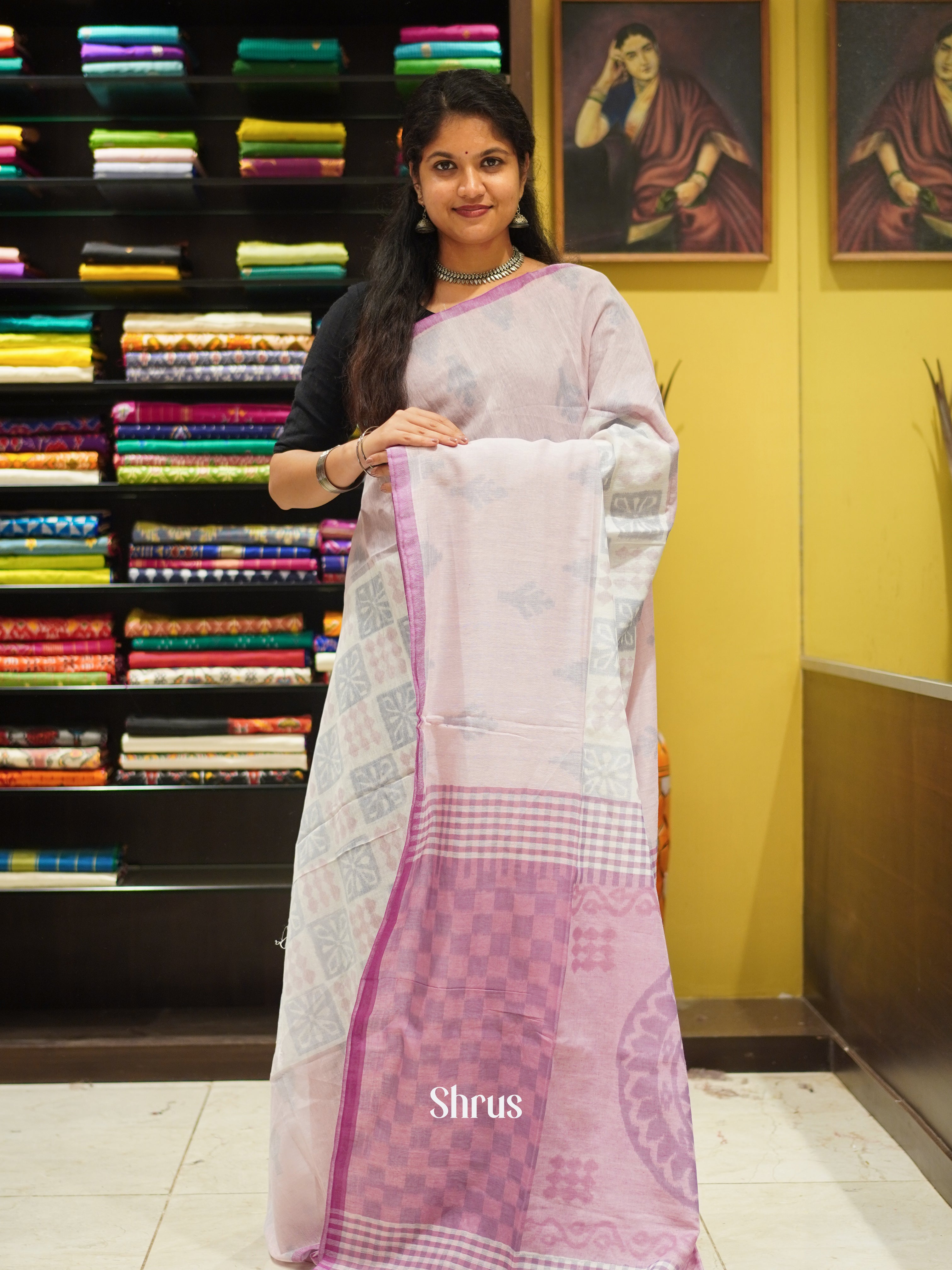 Cream & Pink - Bengal cotton Saree - Shop on ShrusEternity.com