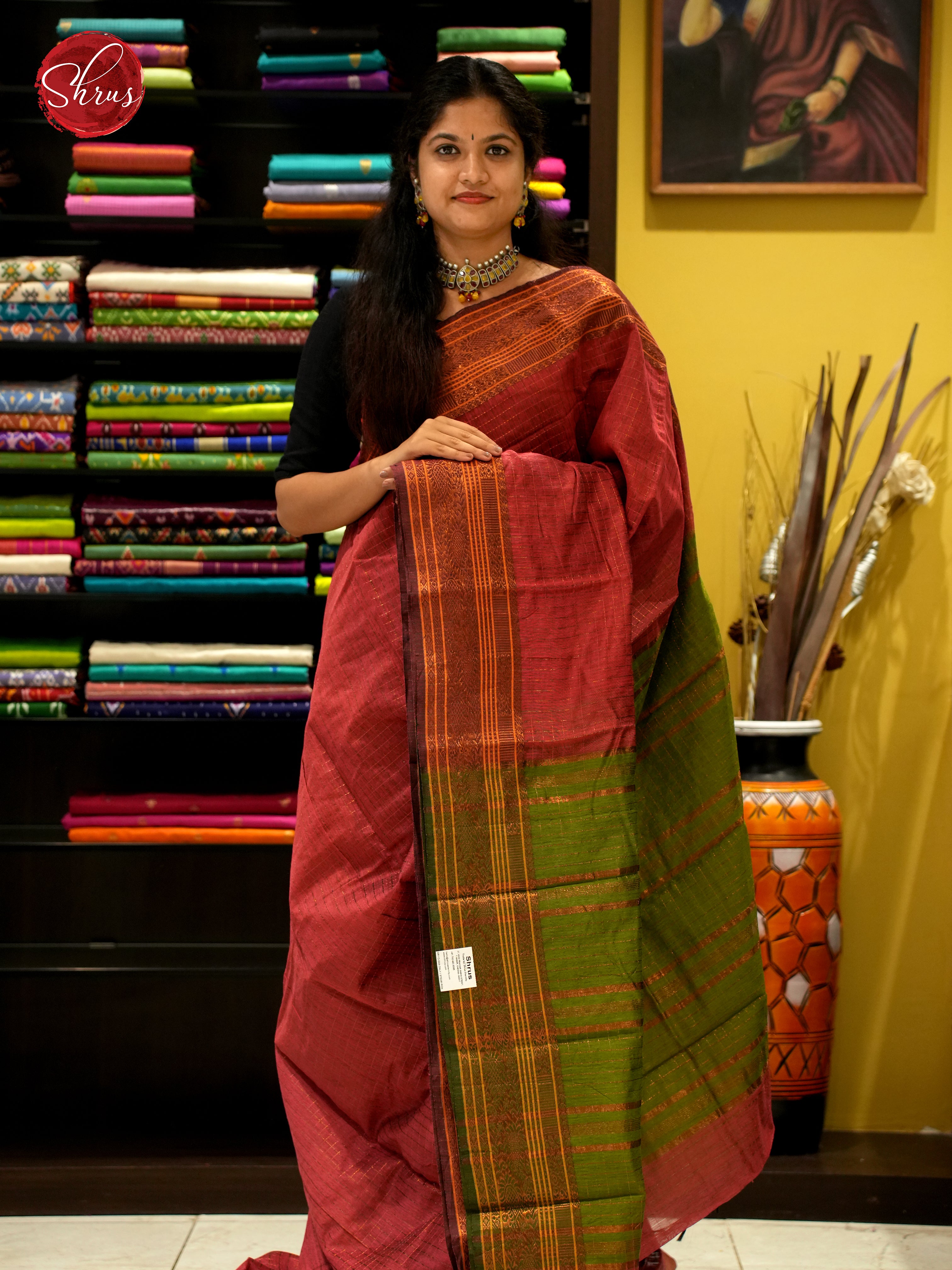 Brick & Green - Mercerized Cotton Saree - Shop on ShrusEternity.com