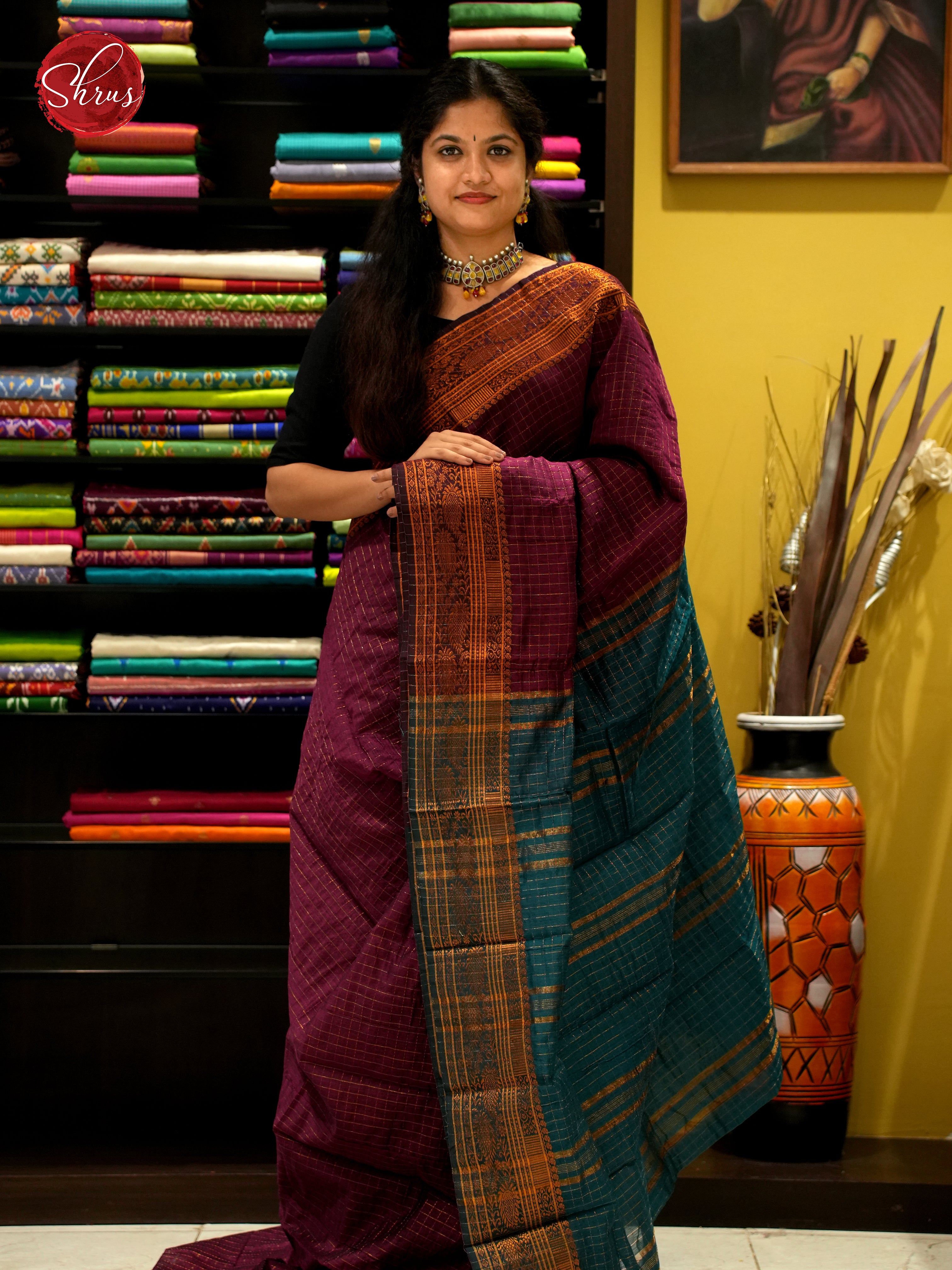 Wine & Green - Mercerized Cotton Saree - Shop on ShrusEternity.com