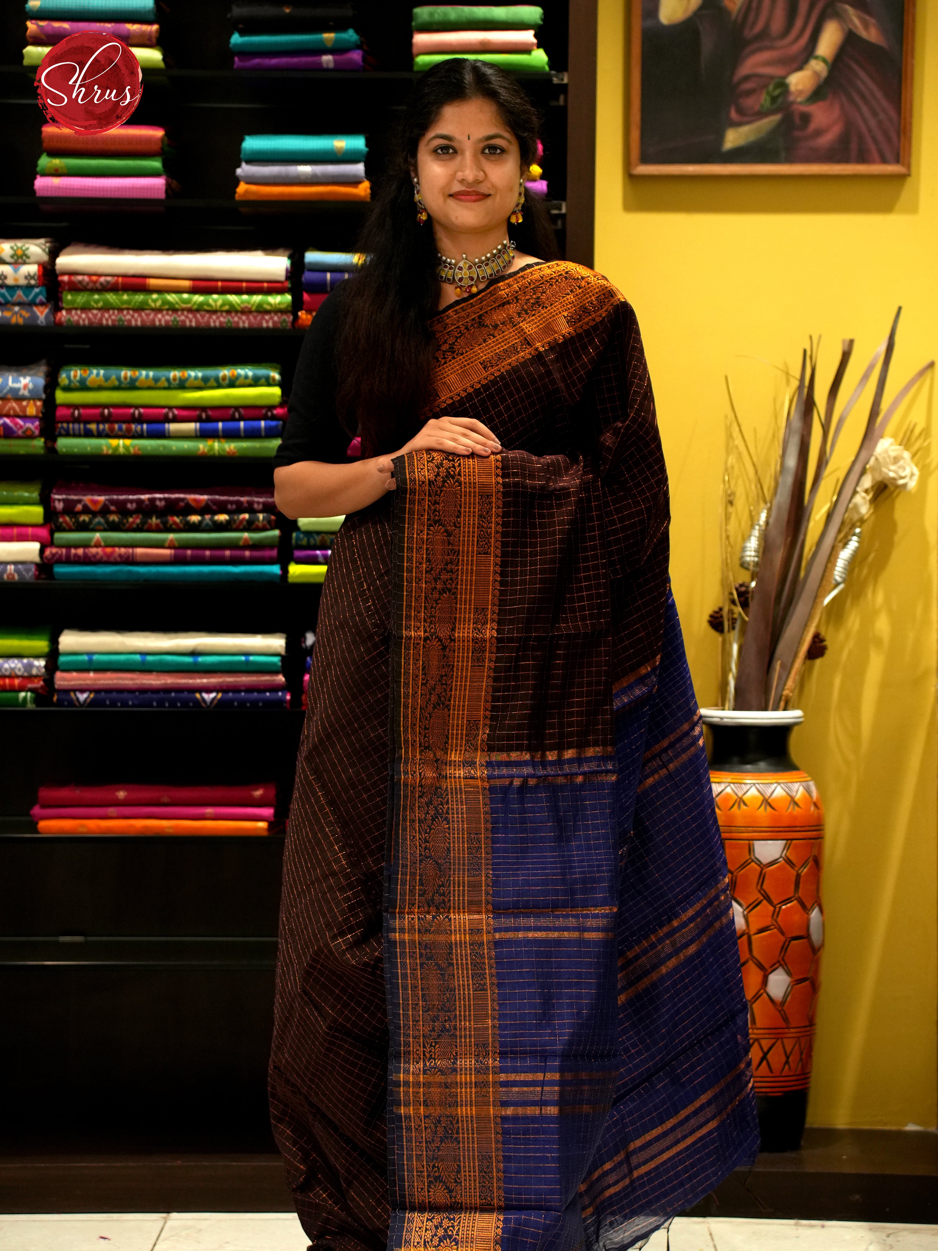 Brown & Blue- Mercerized Cotton Saree - Shop on ShrusEternity.com
