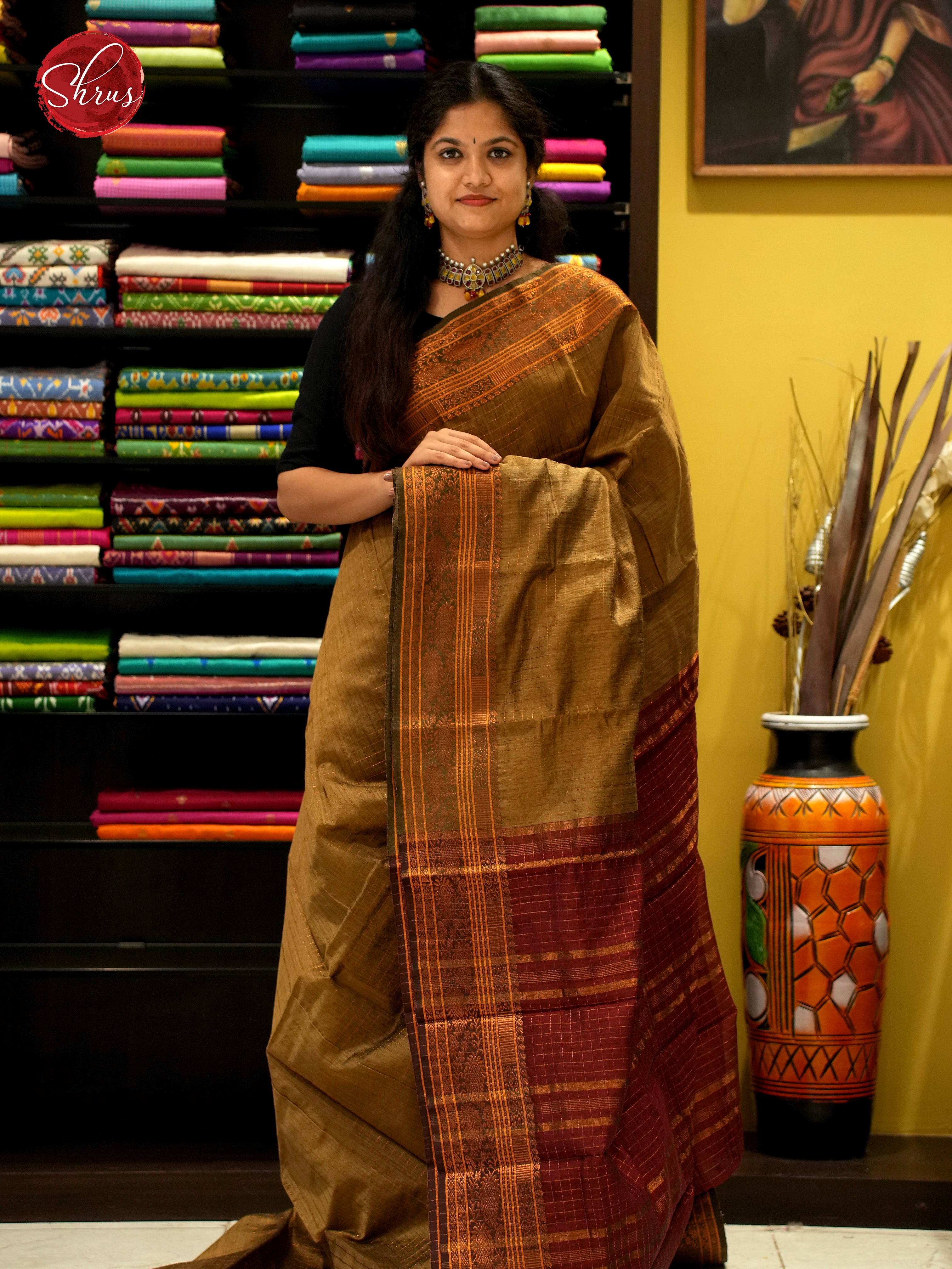 Beige & Maroon - Mercerized Cotton Saree - Shop on ShrusEternity.com