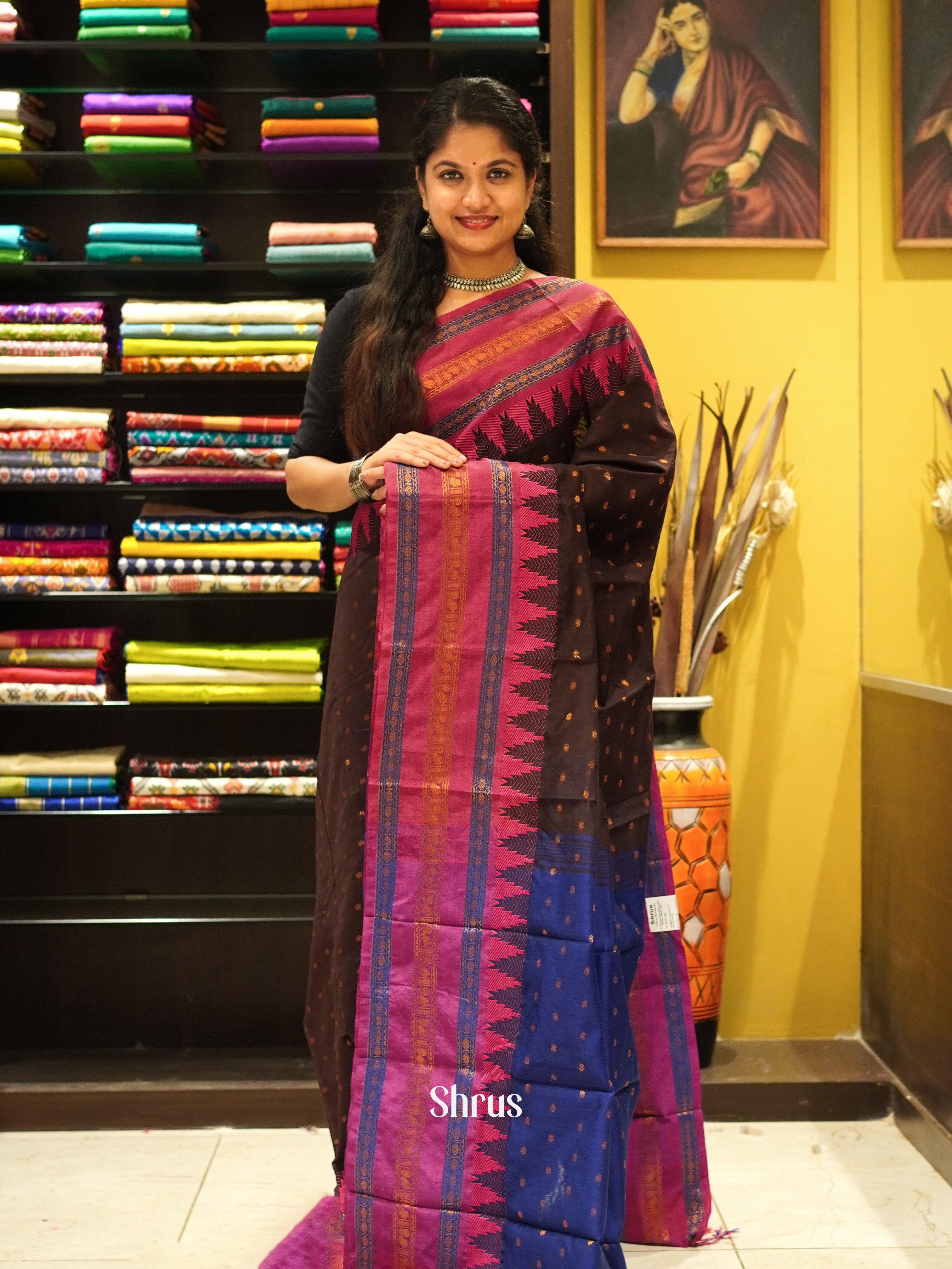 Brown & Blue - Mercerized Cotton Saree - Shop on ShrusEternity.com