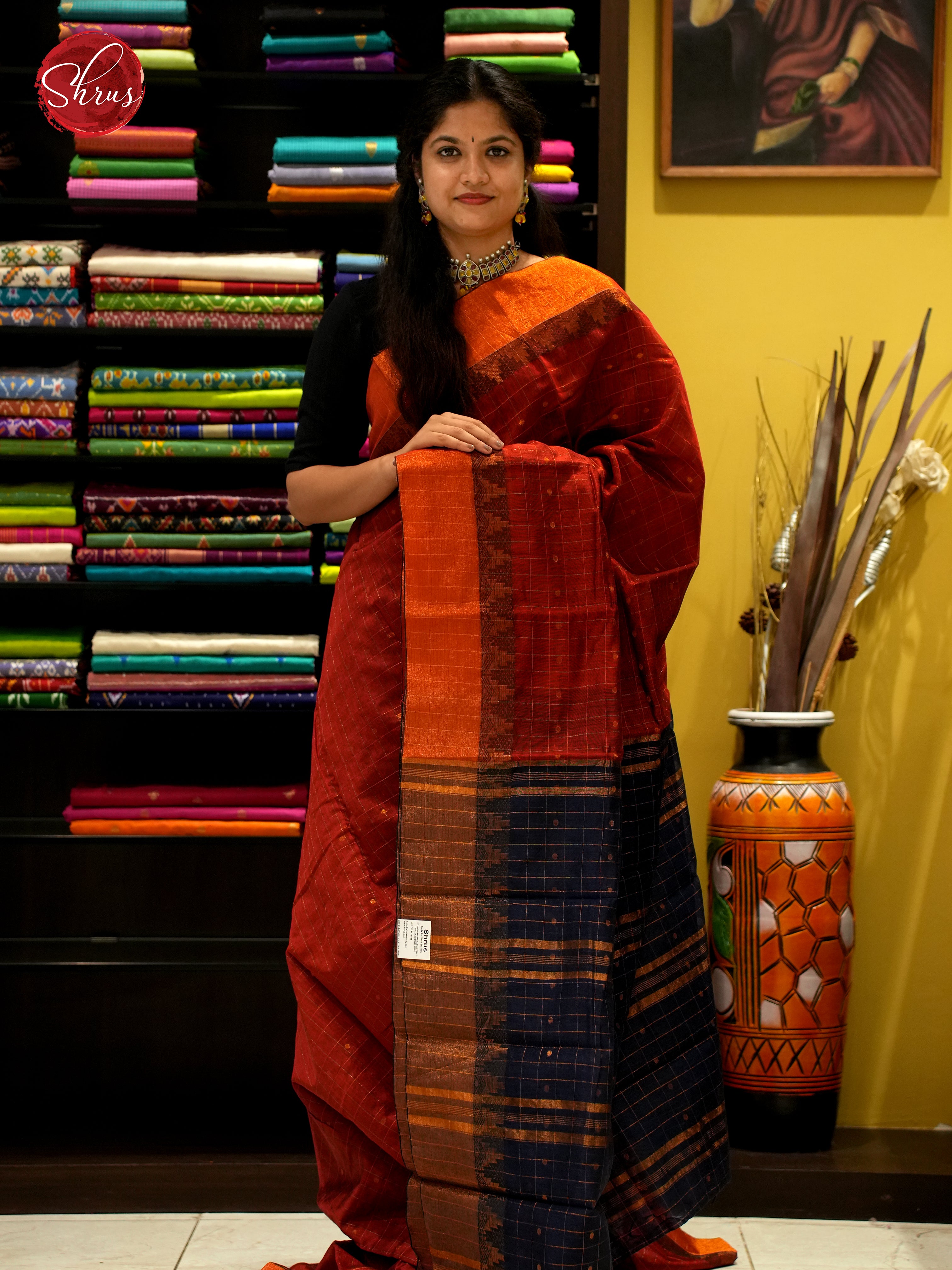 Maroon & Blue - Mercerized Cotton Saree - Shop on ShrusEternity.com