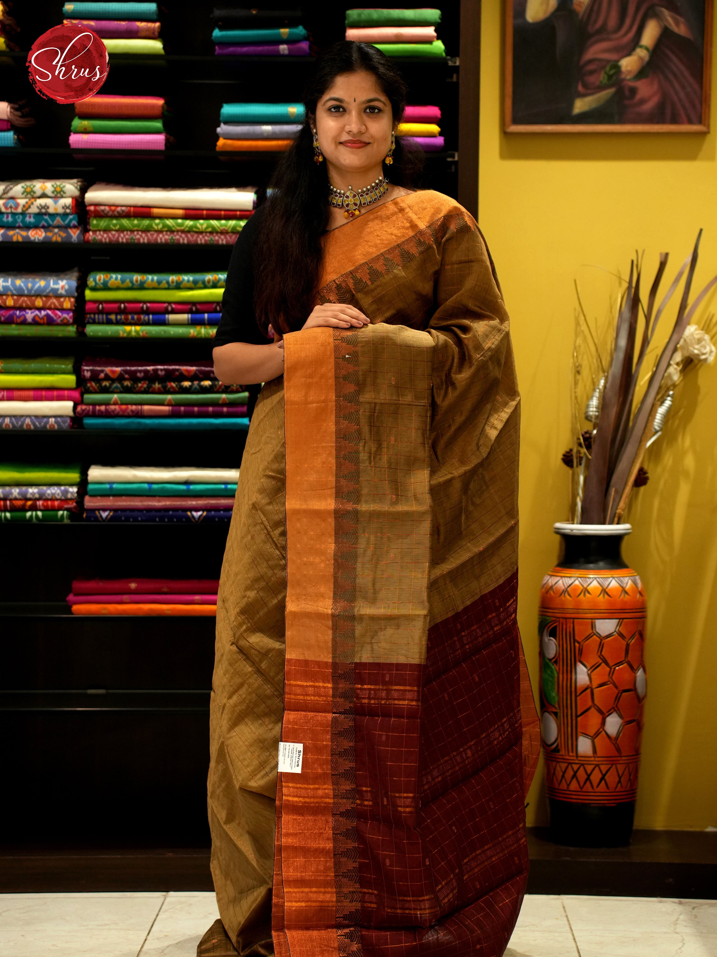 Greenish Grey & Maroon - Mercerized Cotton Saree - Shop on ShrusEternity.com