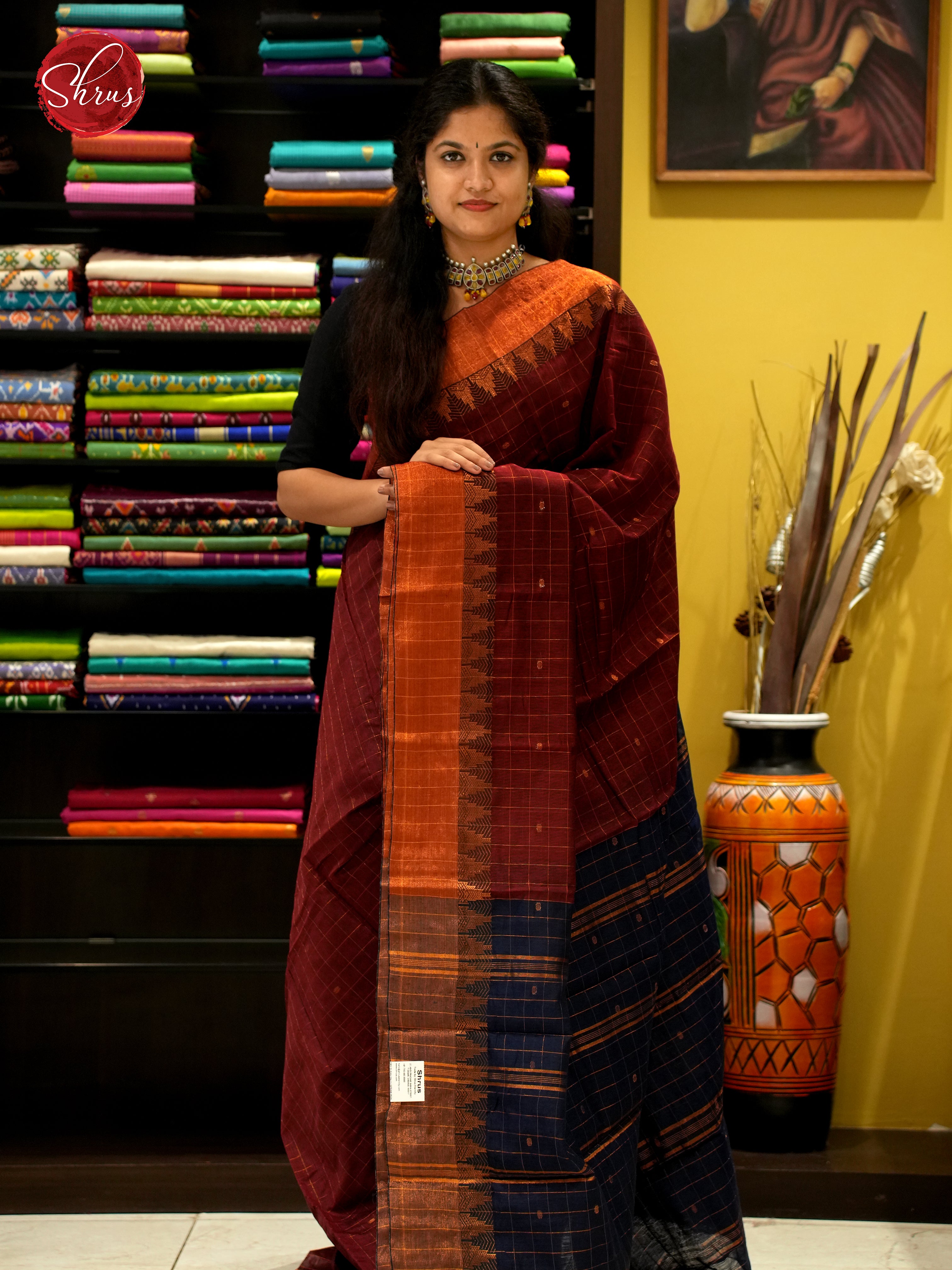 Maroon & Blue - Mercerized Cotton Saree - Shop on ShrusEternity.com
