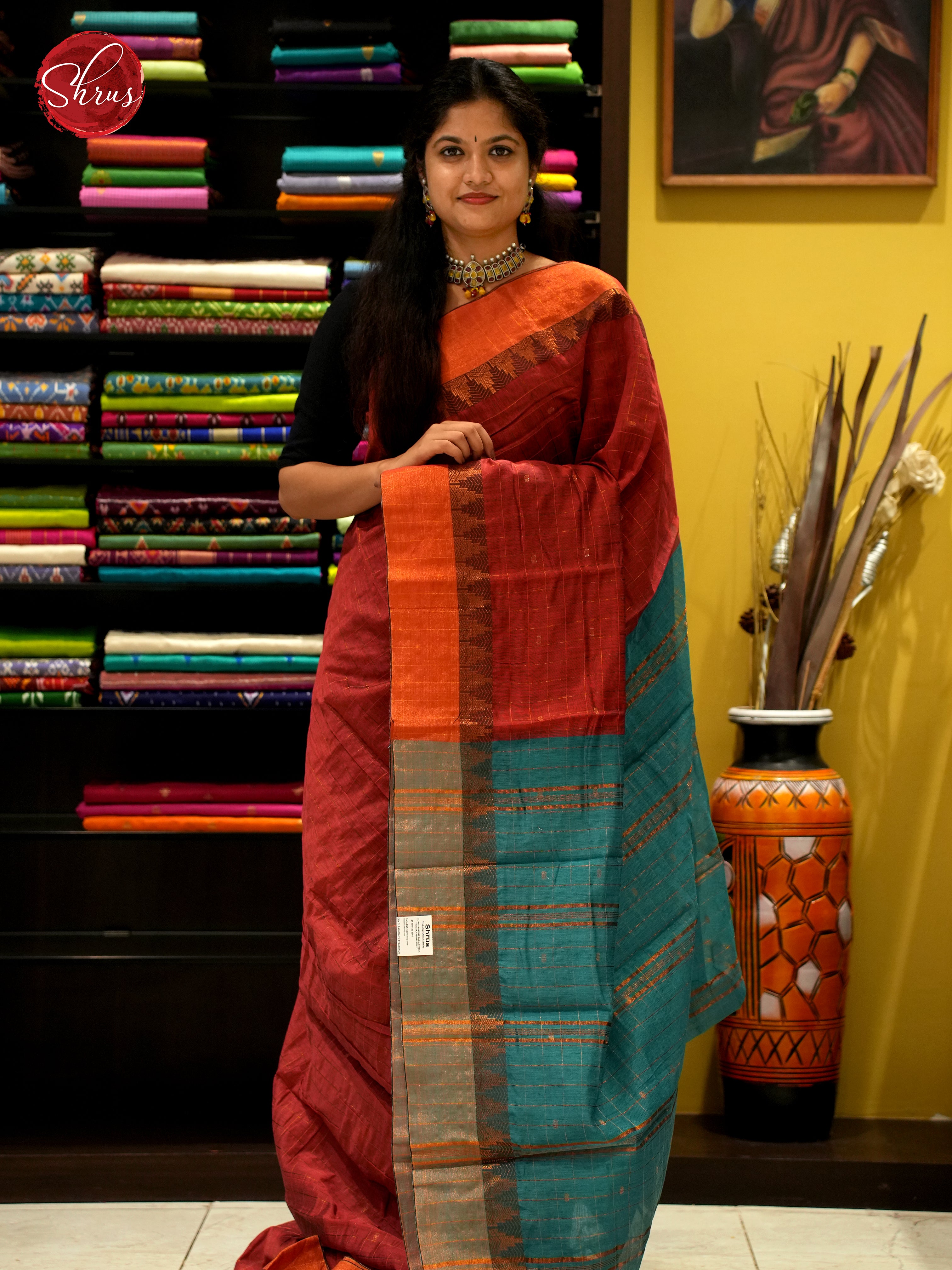 Brick & Green - Mercerized Cotton Saree - Shop on ShrusEternity.com