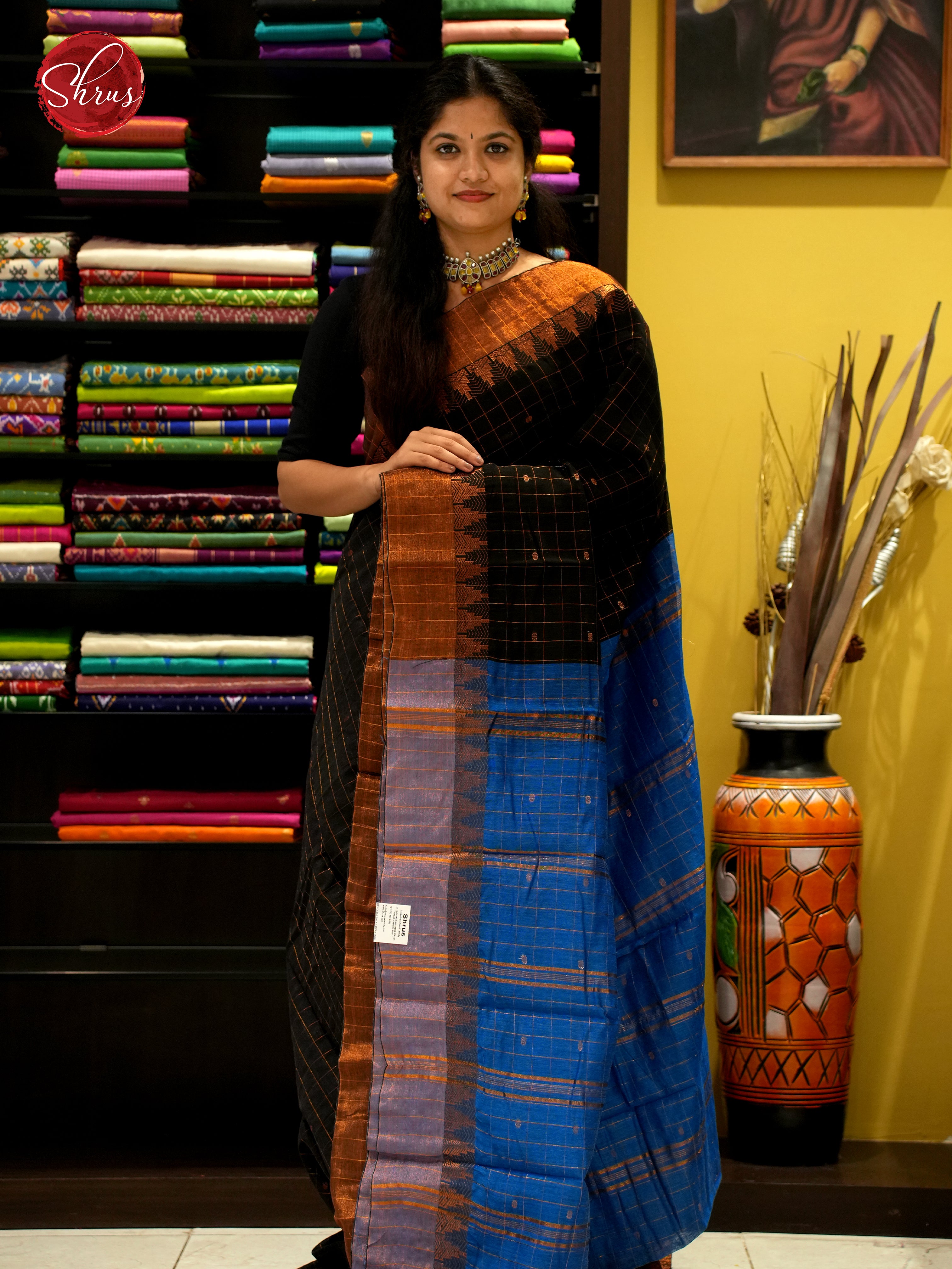 Black & Blue - Mercerized Cotton Saree - Shop on ShrusEternity.com