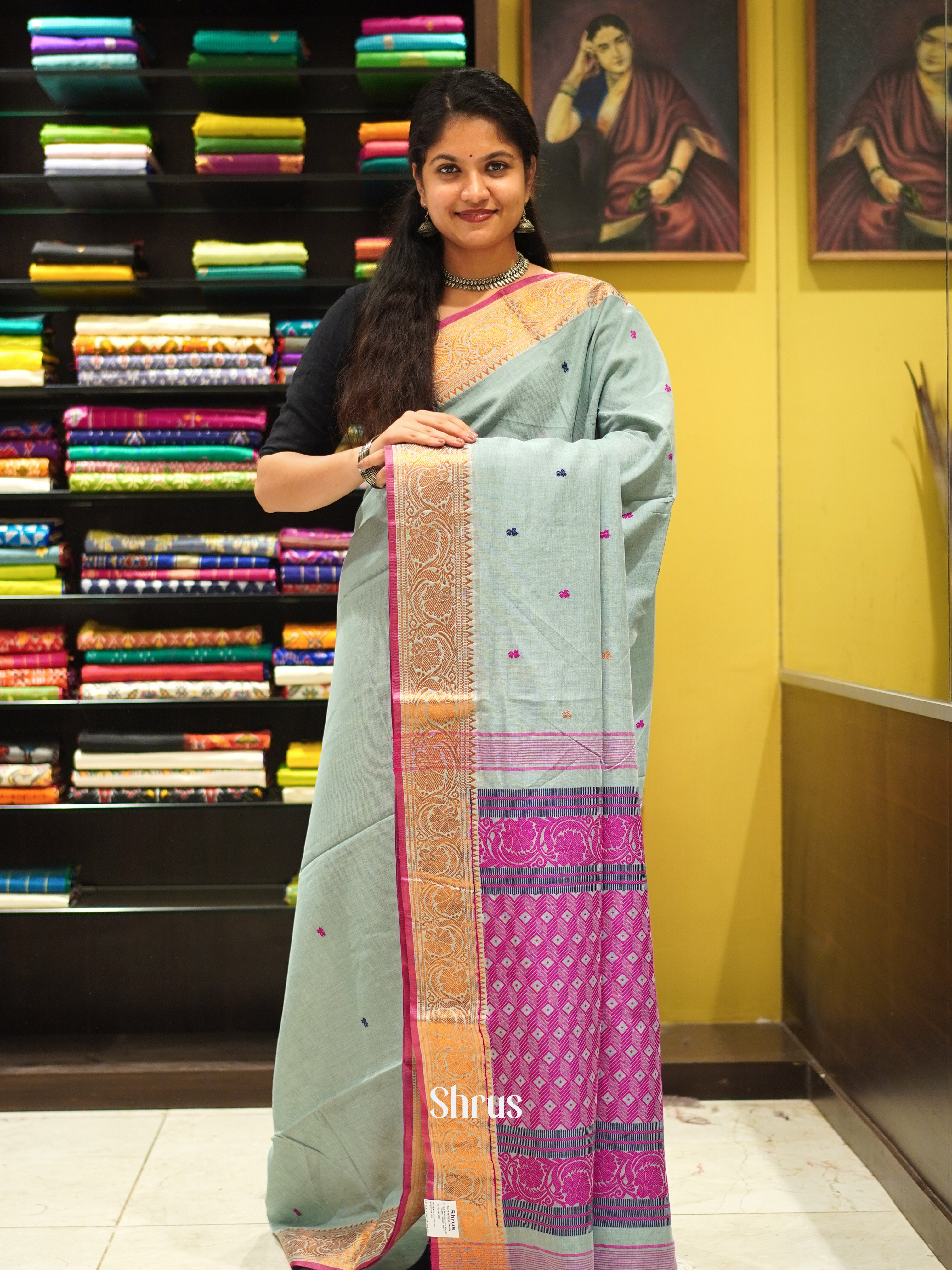 Blue & Pink - Bengal cotton Saree - Shop on ShrusEternity.com