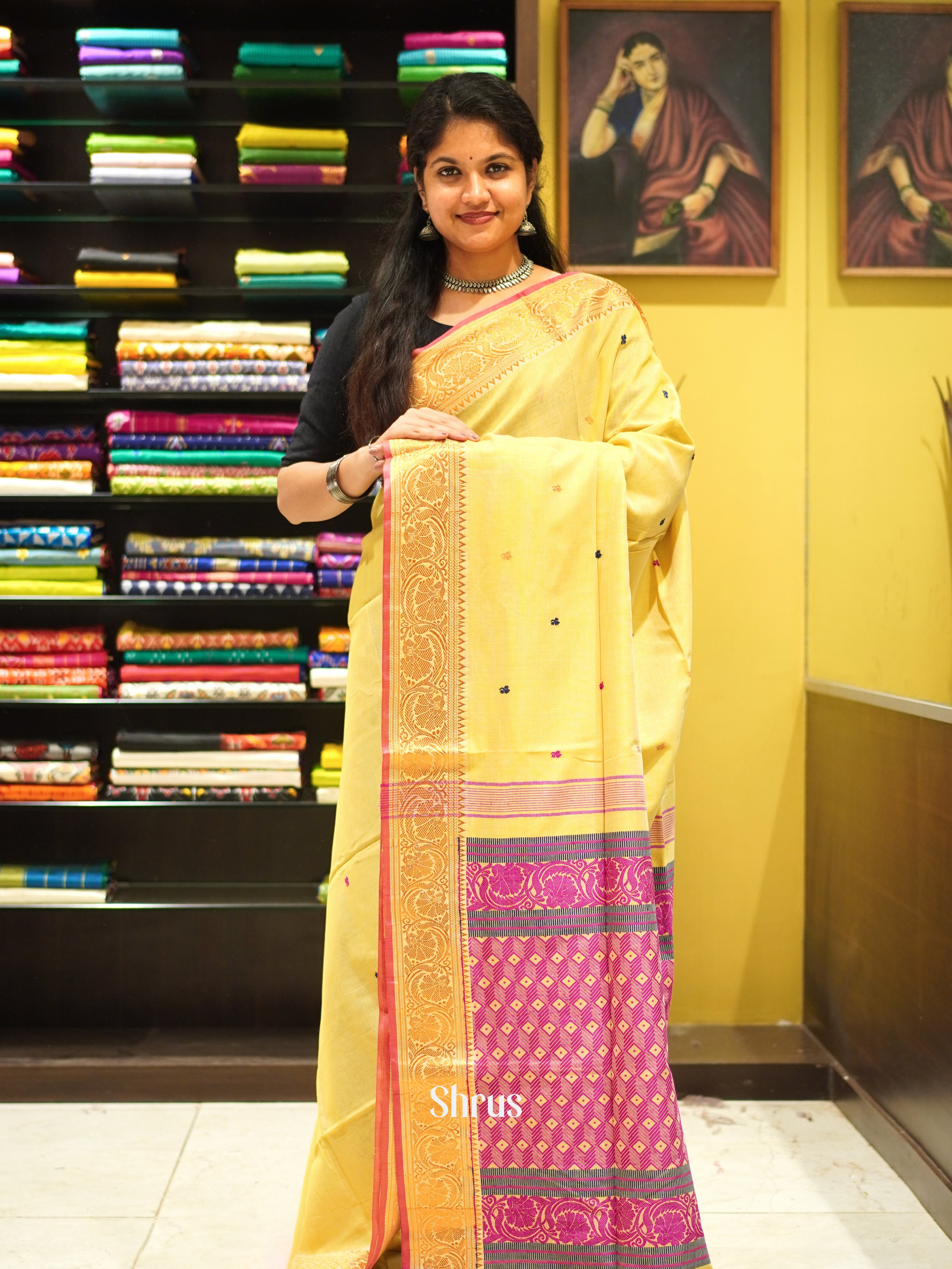 Yellow & Pink - Bengal cotton Saree - Shop on ShrusEternity.com
