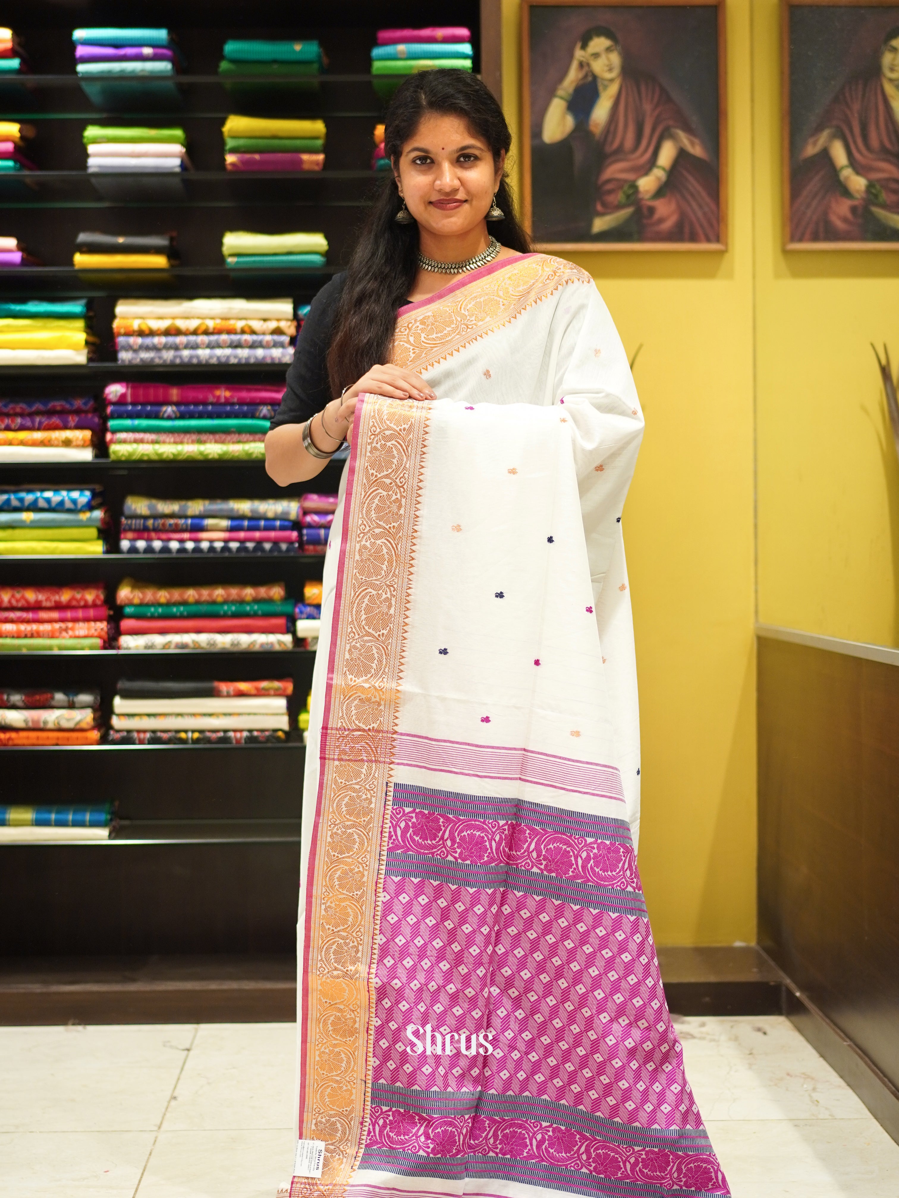 White & Pink - Bengal cotton Saree - Shop on ShrusEternity.com