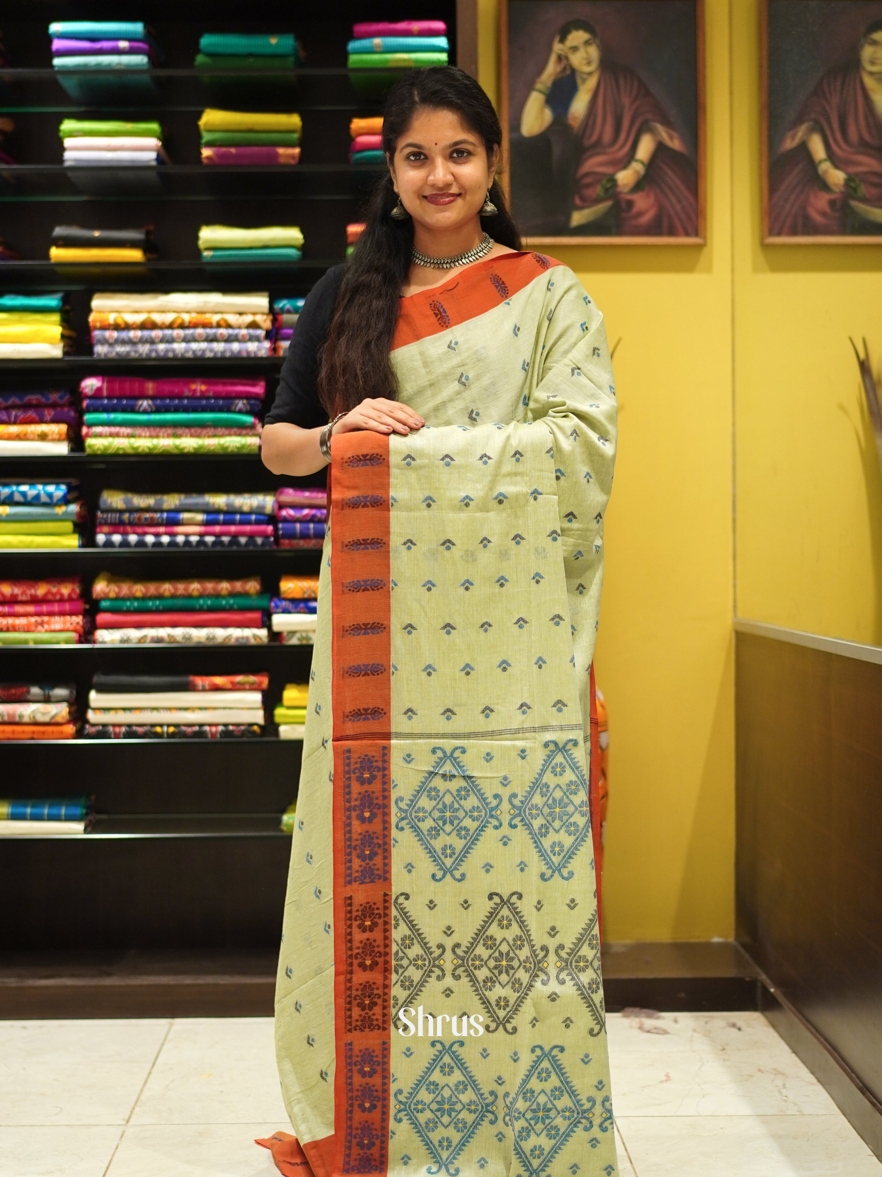 Cream & Orange - Bengal cotton Saree - Shop on ShrusEternity.com