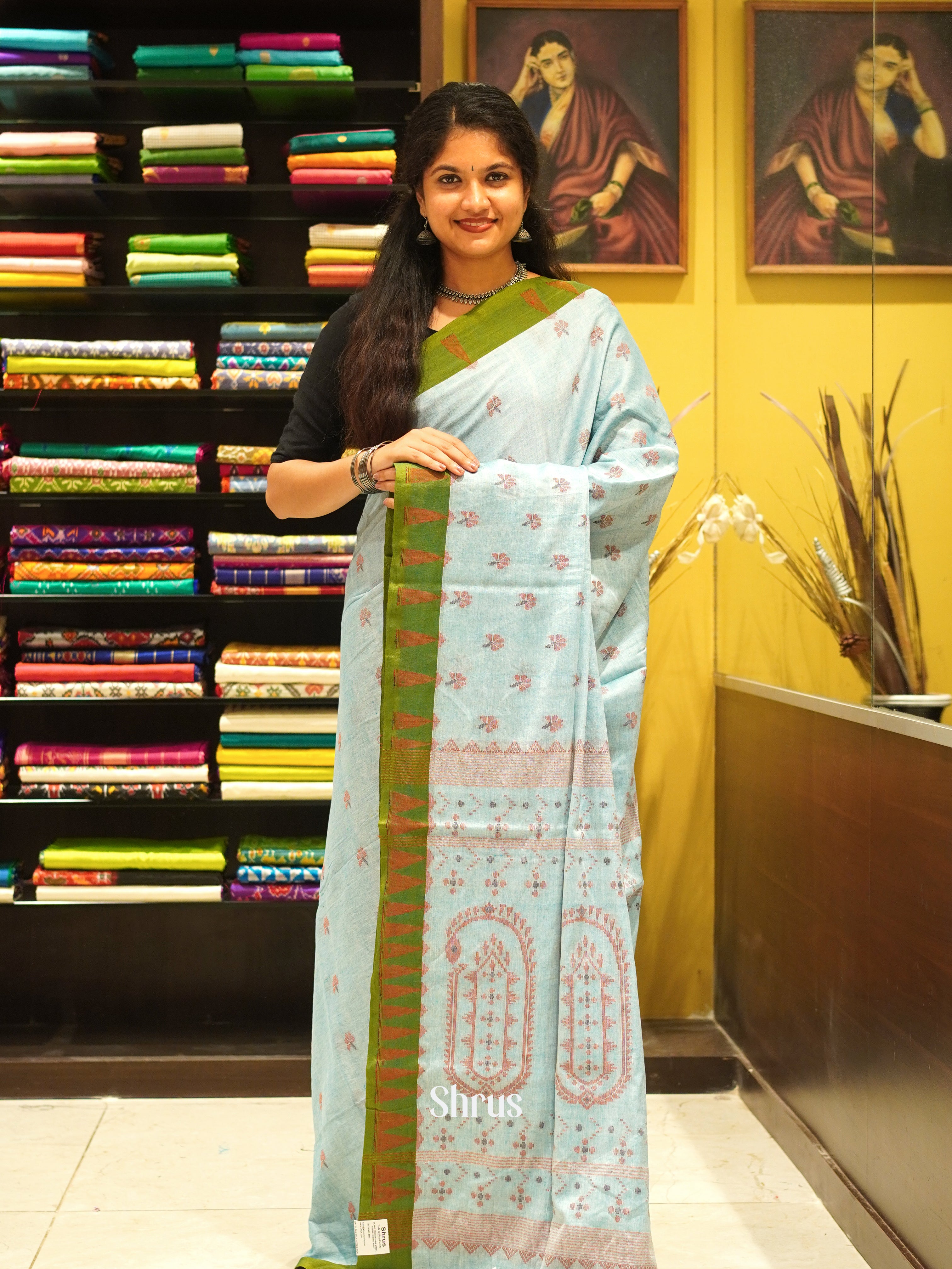 Blue & Green - Bengal cotton Saree - Shop on ShrusEternity.com