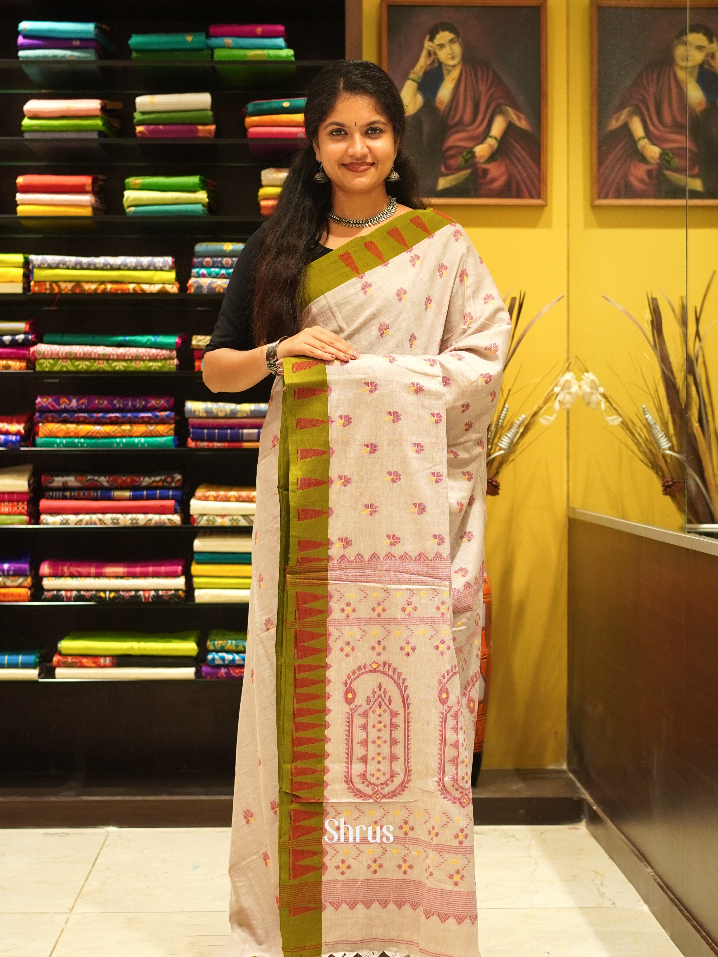 Cream & Green - Bengal cotton Saree - Shop on ShrusEternity.com