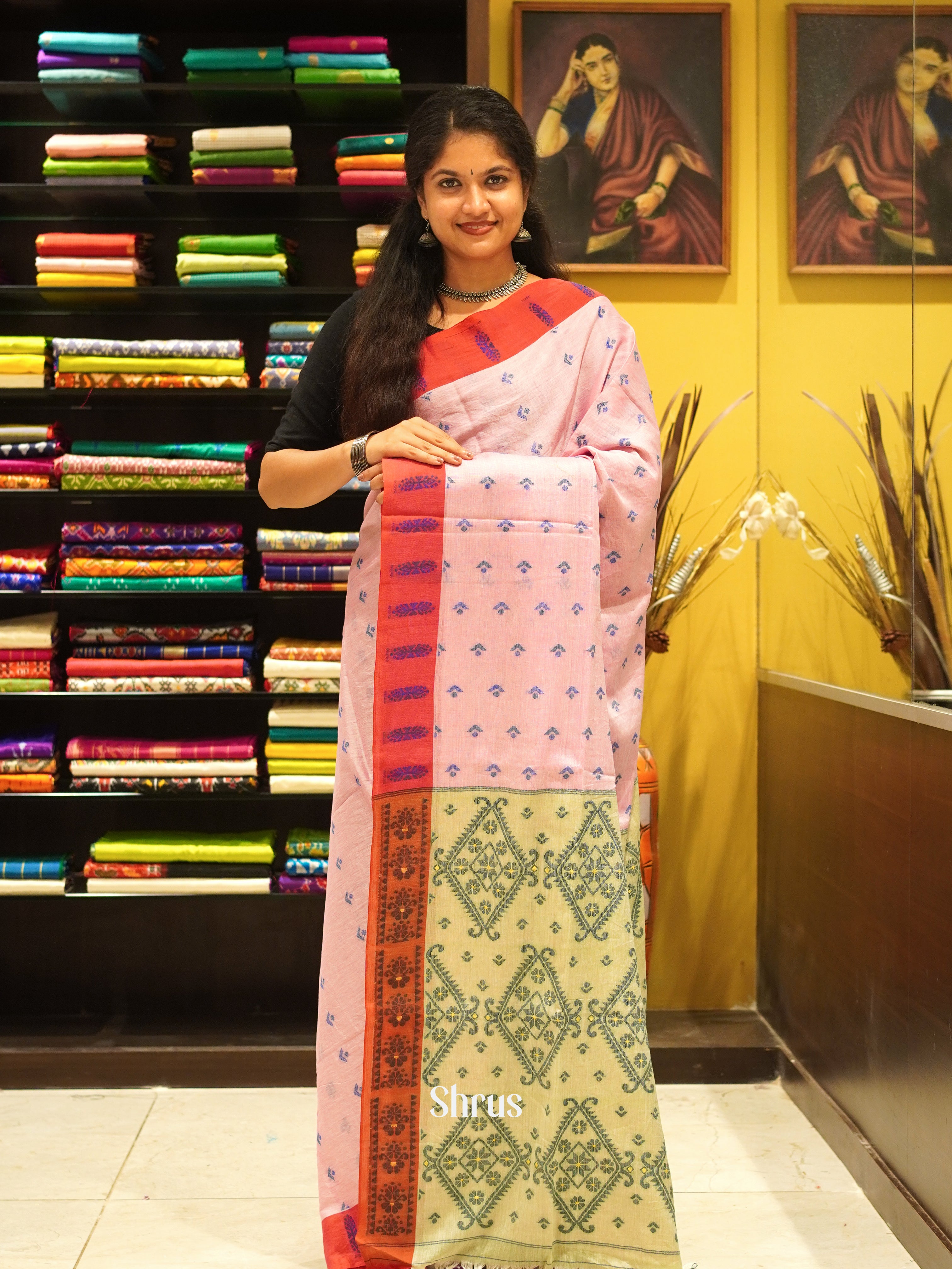 Pink & Cream- Bengal cotton Saree - Shop on ShrusEternity.com