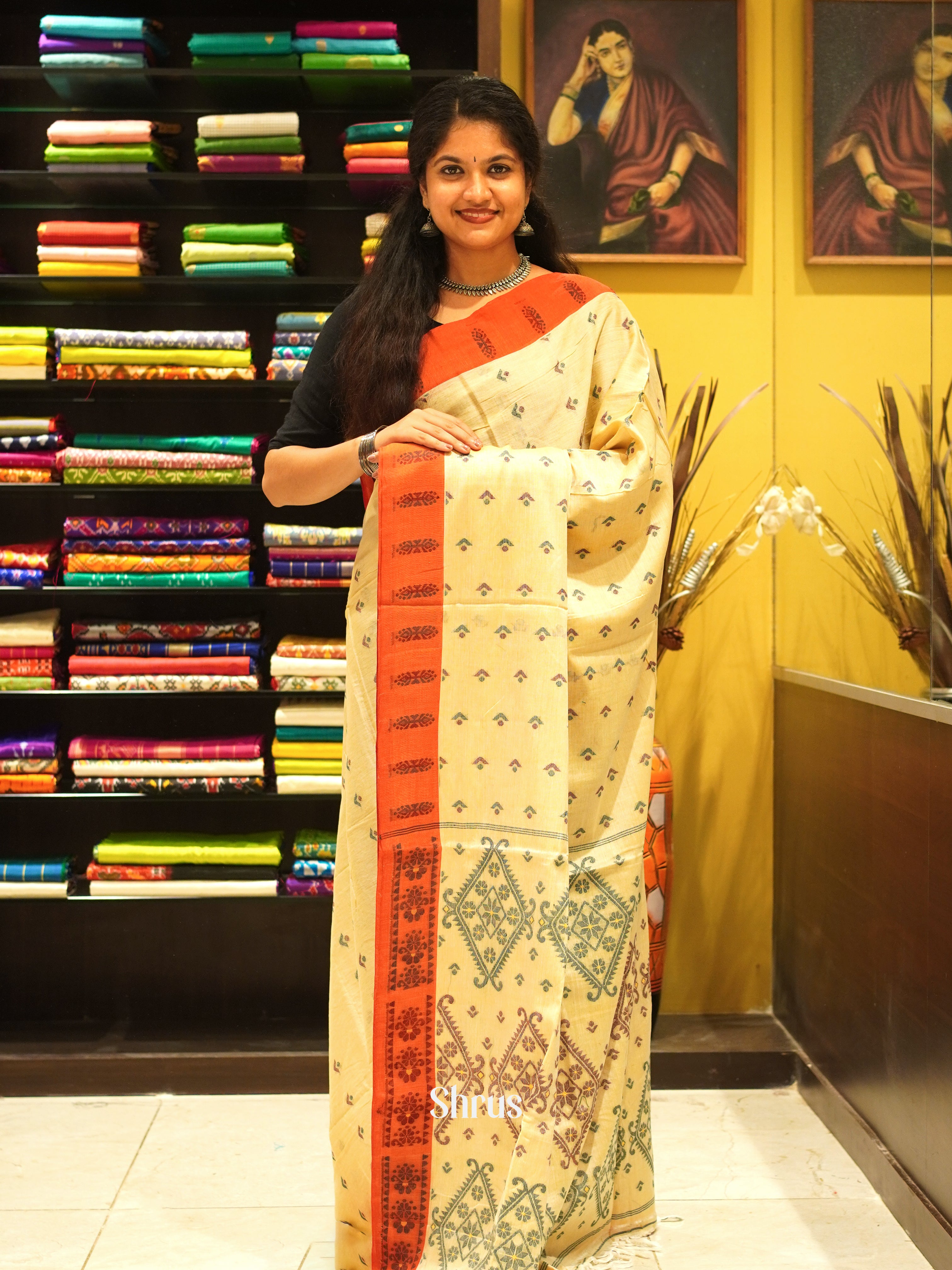 Cream & Orange - Bengal cotton Saree - Shop on ShrusEternity.com