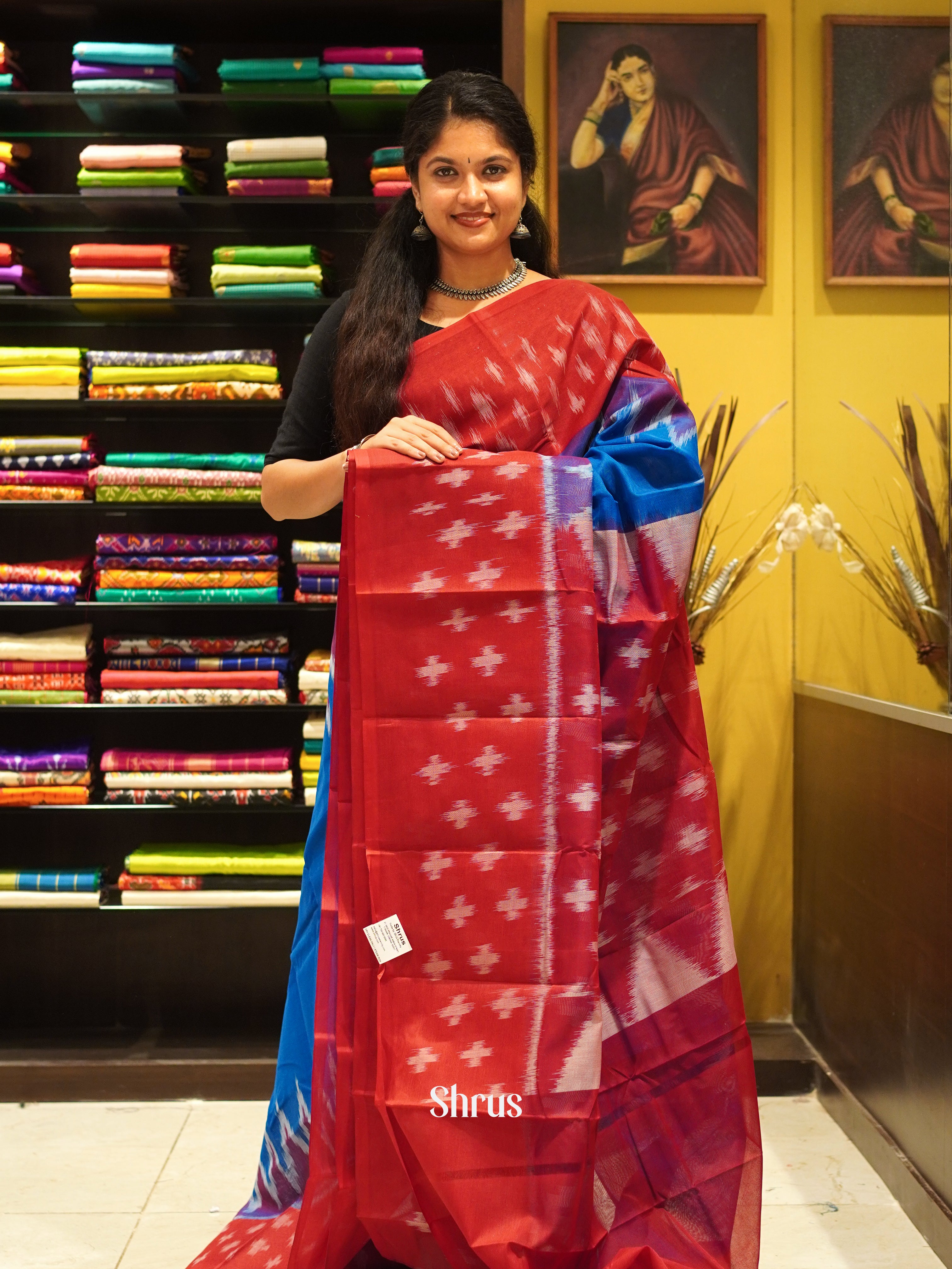 Blue & Red - Dhakhai cotton Saree - Shop on ShrusEternity.com