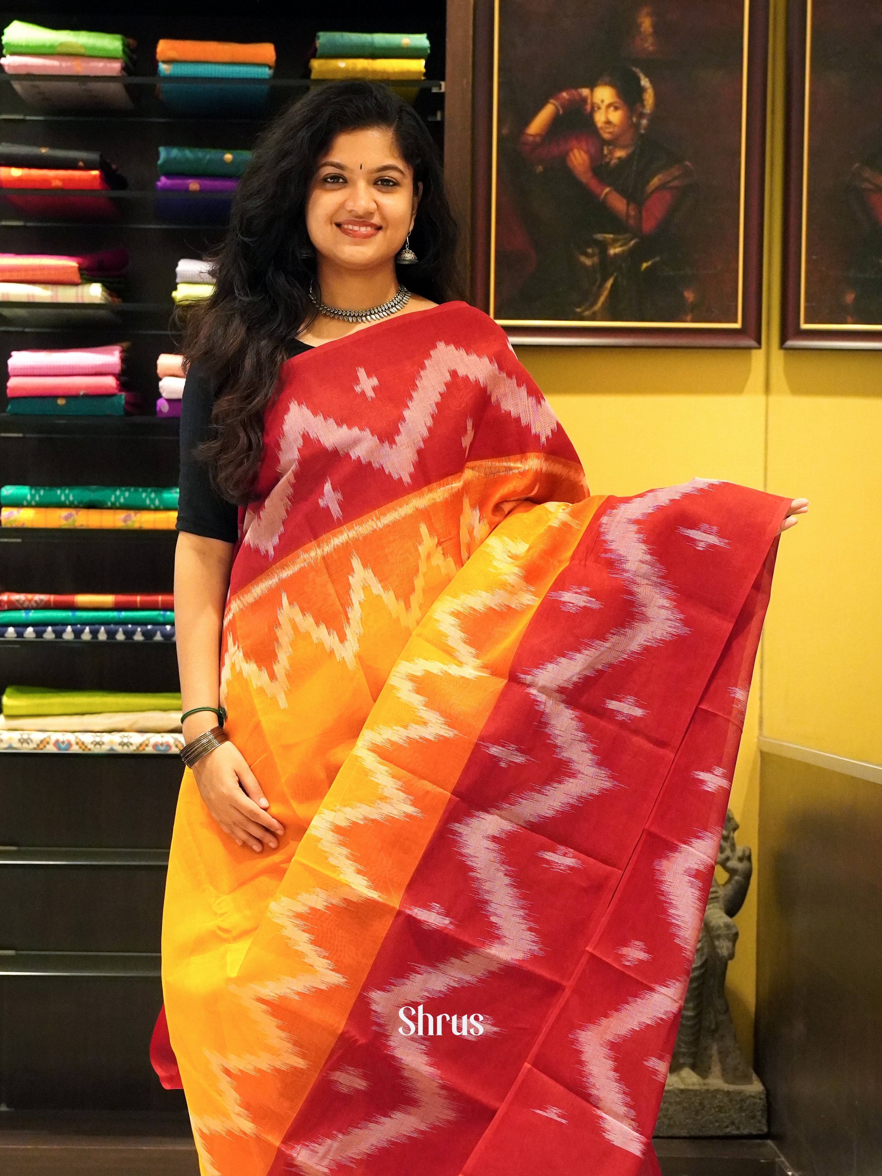 Yellow & Red - Dhakhai cotton - Shop on ShrusEternity.com