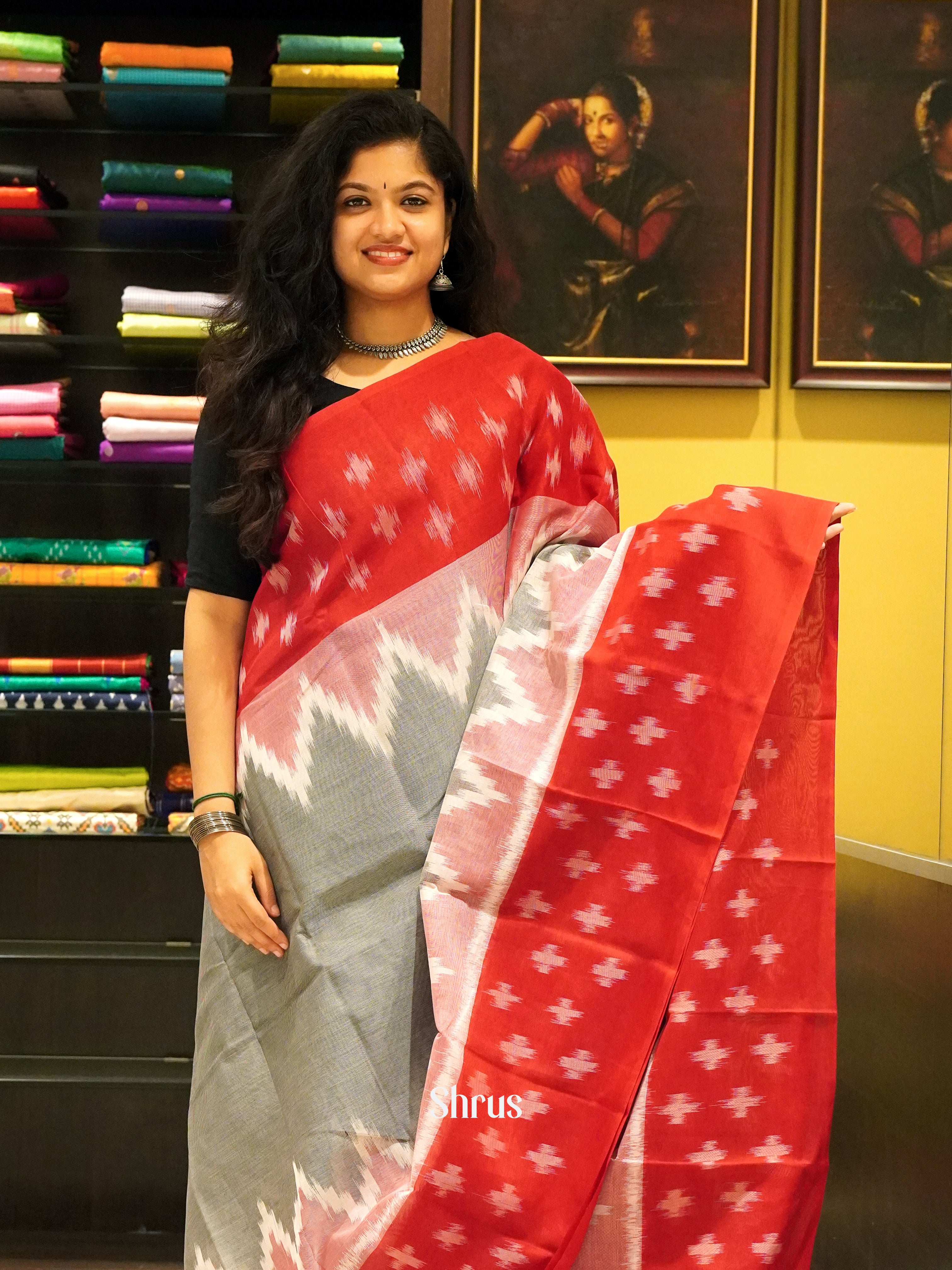 Grey & Red - Dhakhai cotton - Shop on ShrusEternity.com