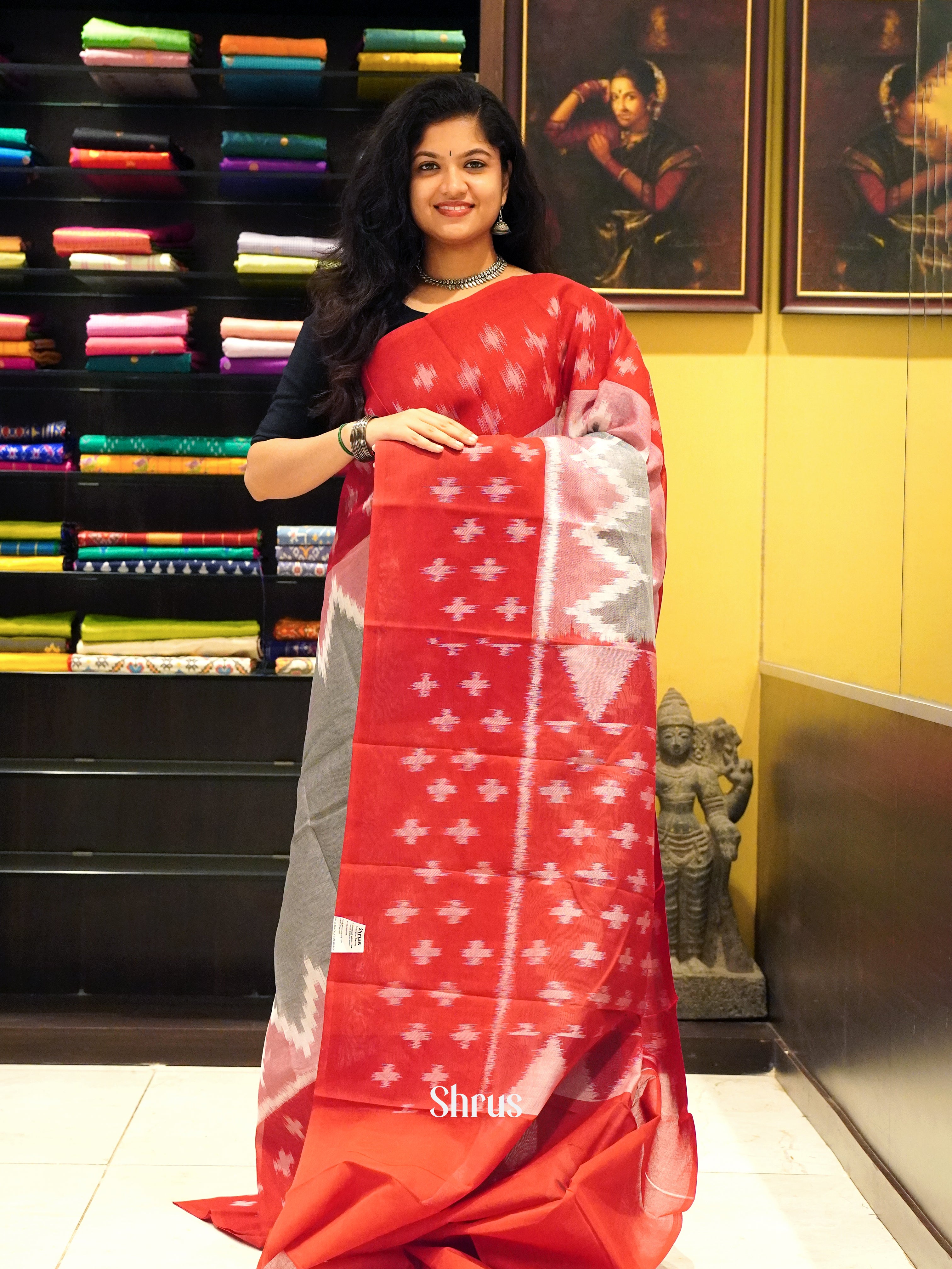 Grey & Red - Dhakhai cotton - Shop on ShrusEternity.com