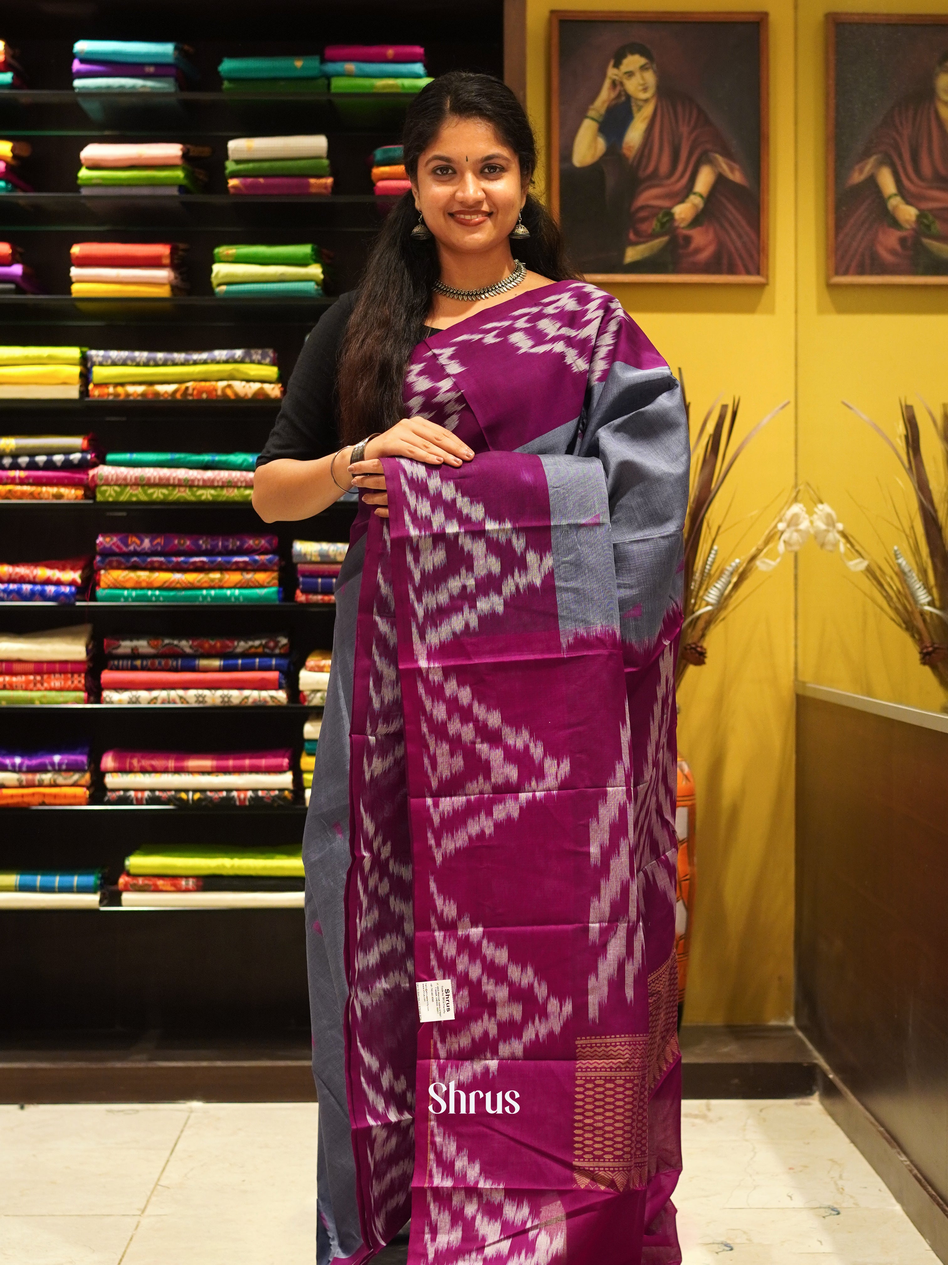 Grey & Majenta pink - Dhakhai cotton Saree - Shop on ShrusEternity.com