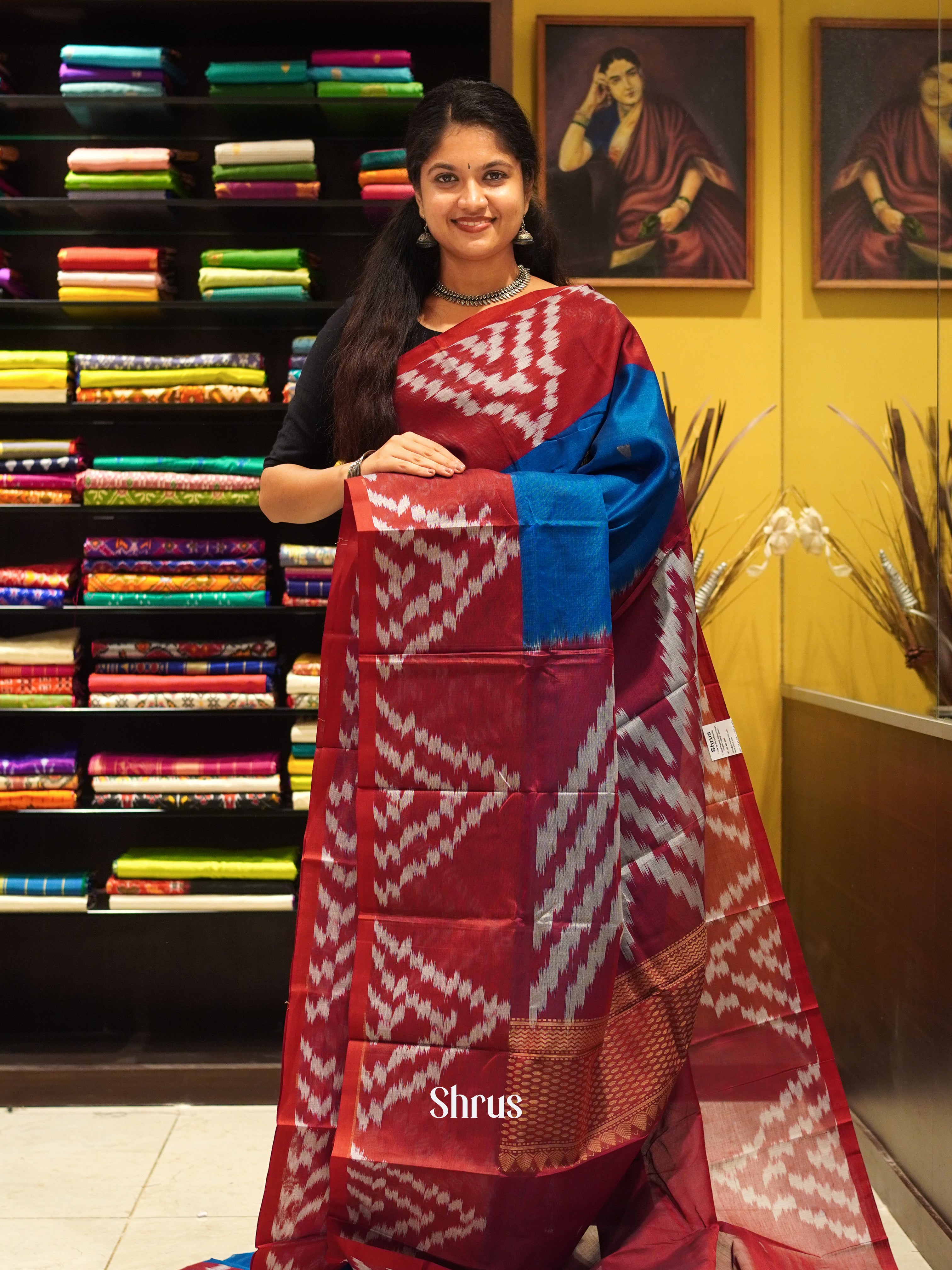 Blue & Red - Dhakhai cotton Saree - Shop on ShrusEternity.com