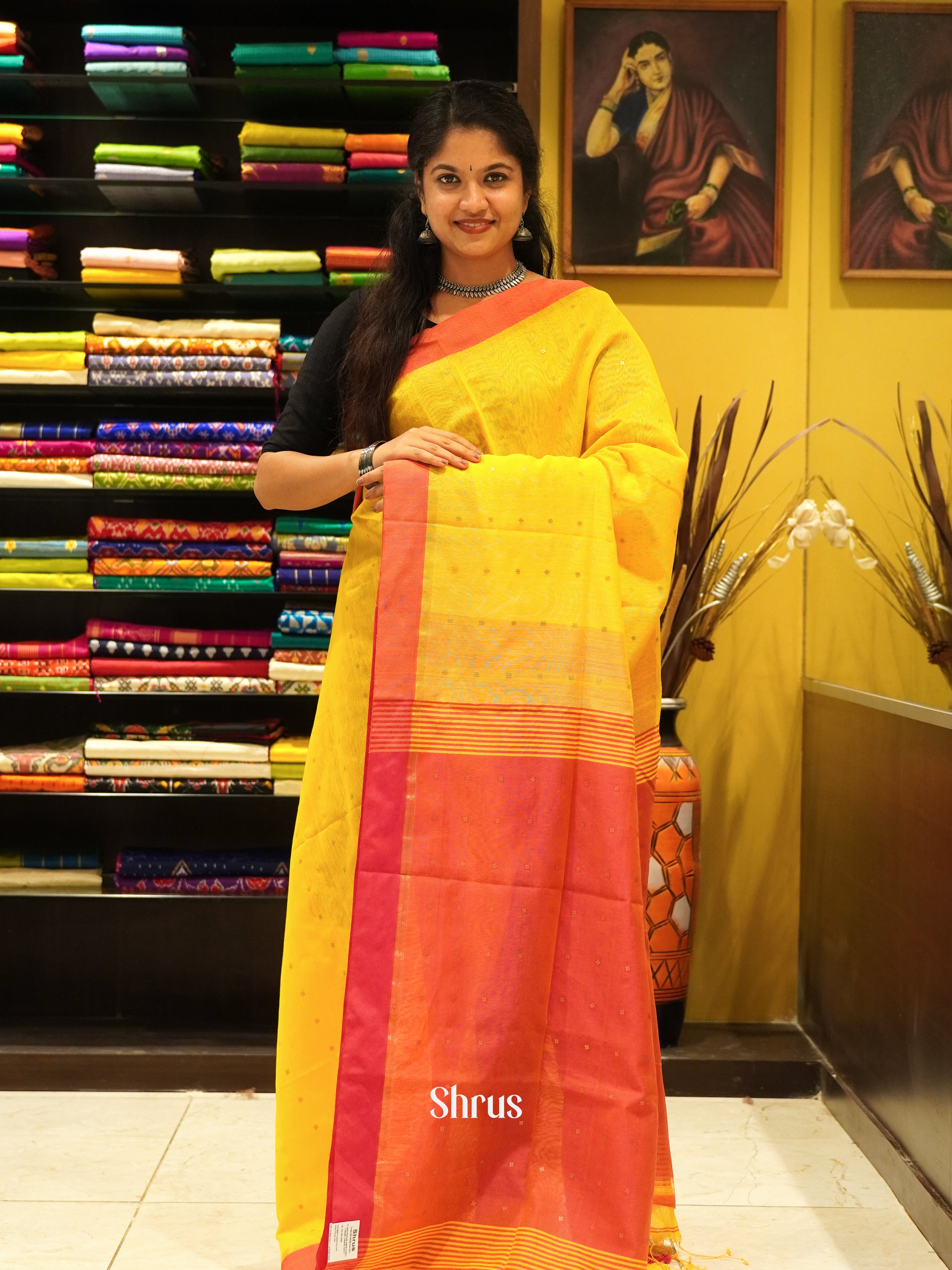 Yellow & Red - Bengal cotton Saree - Shop on ShrusEternity.com