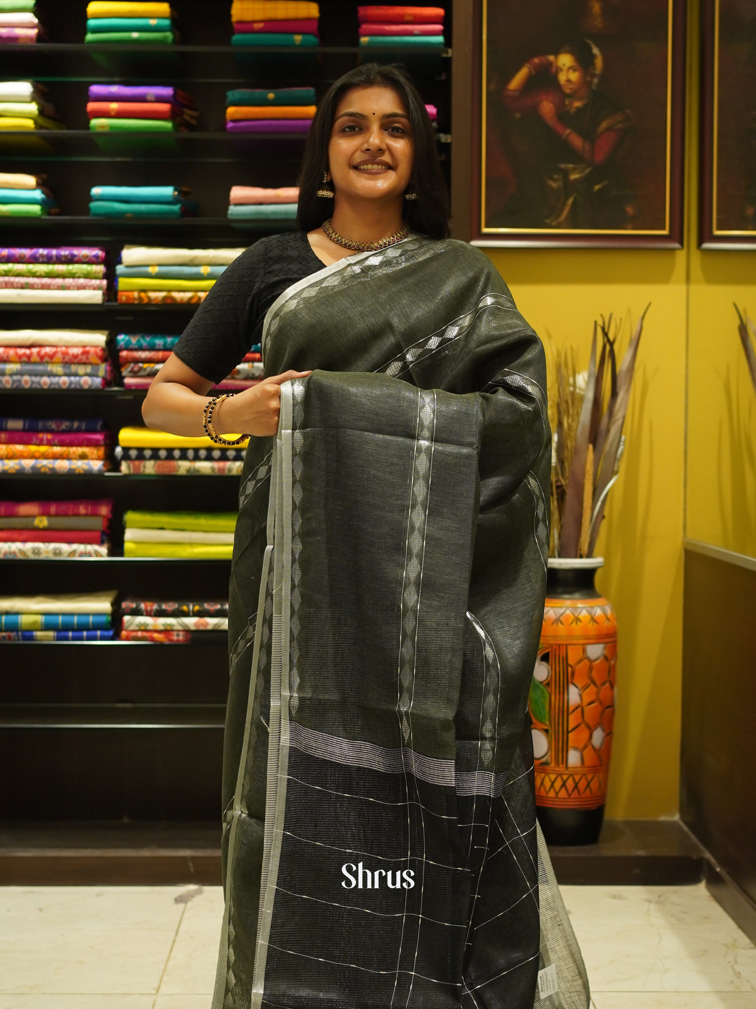 Grey & Black - Linen Saree - Shop on ShrusEternity.com