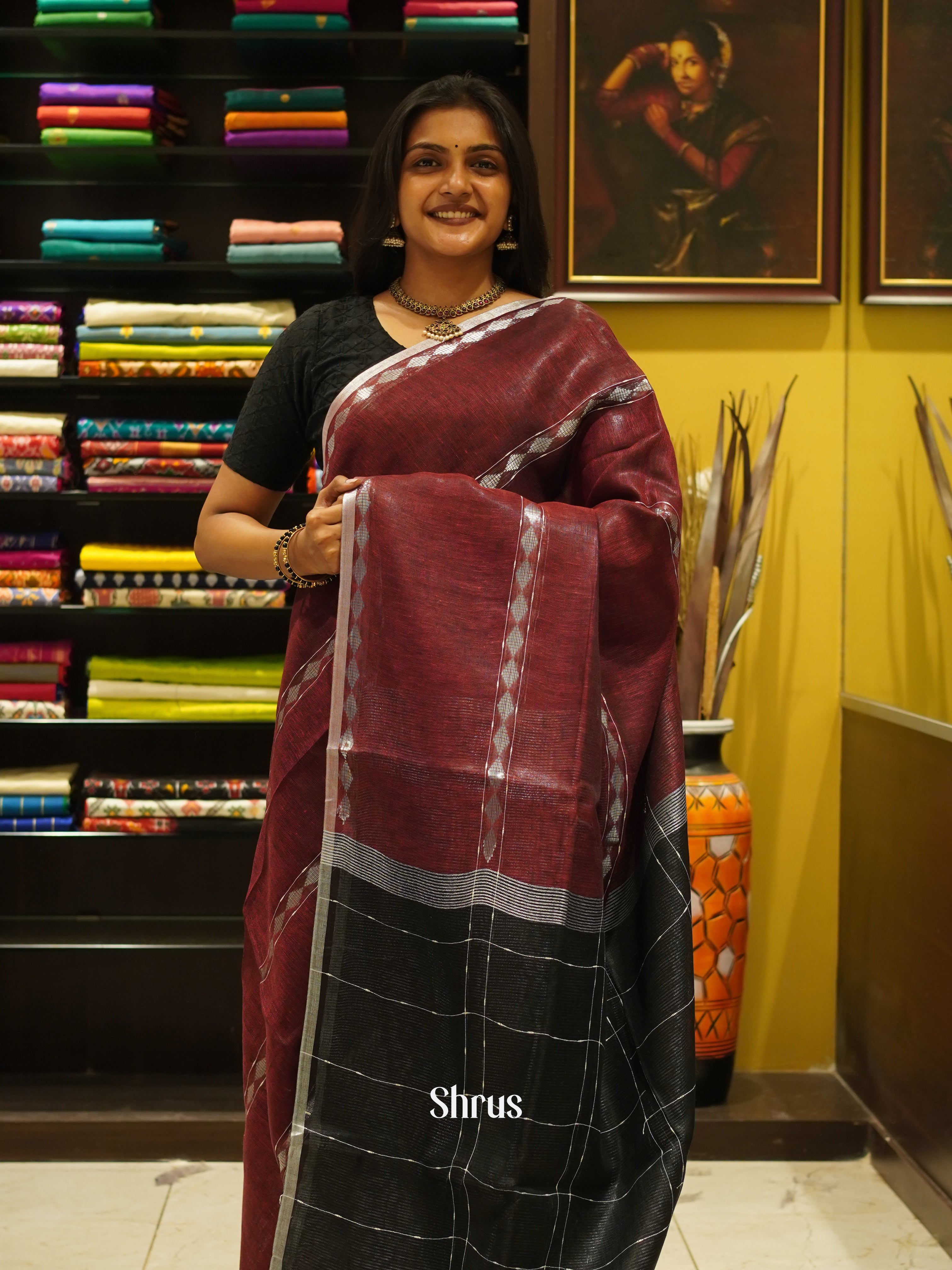 Maroon & Black - Linen Saree - Shop on ShrusEternity.com