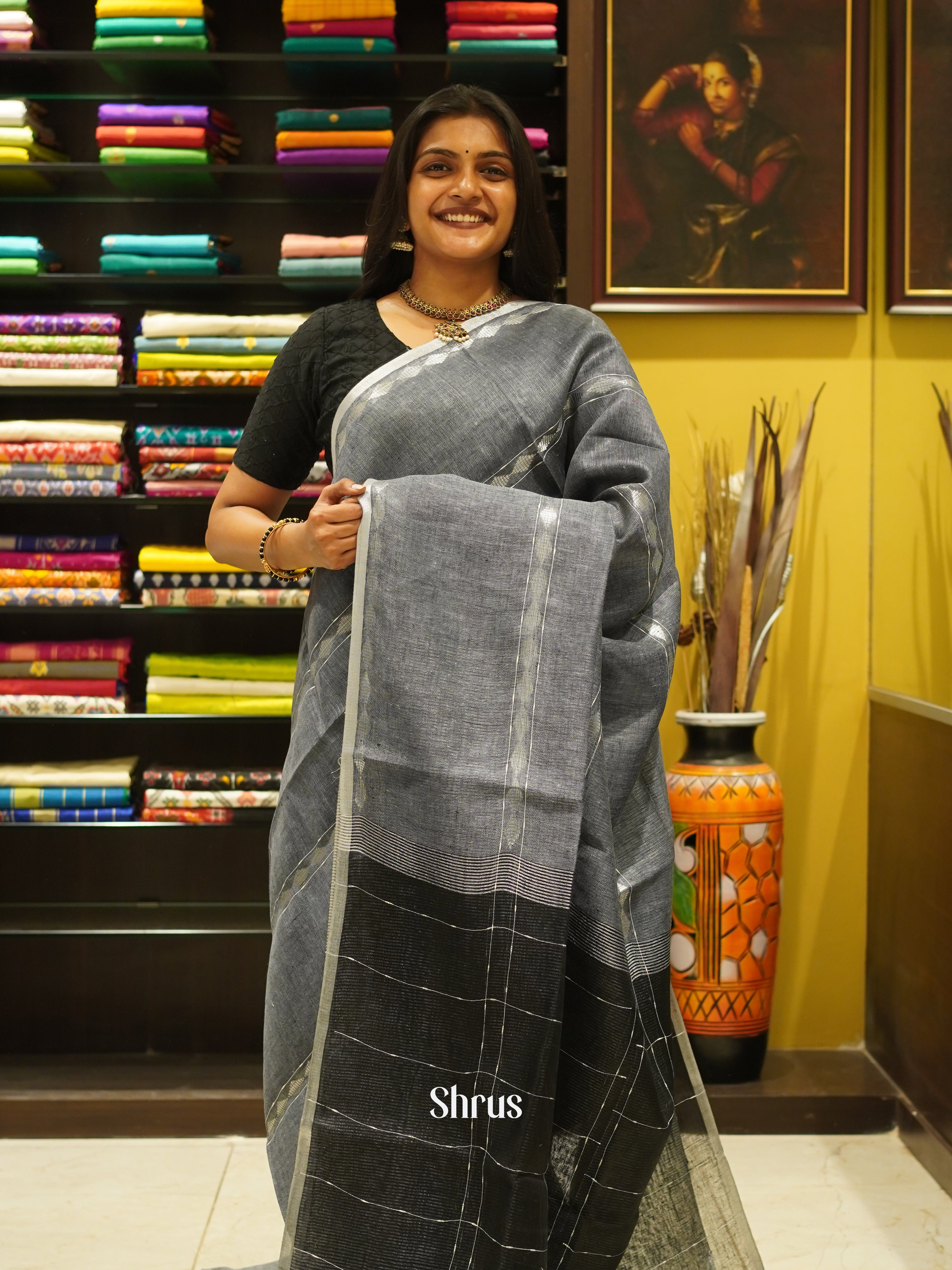 Grey & Black - Linen Saree - Shop on ShrusEternity.com