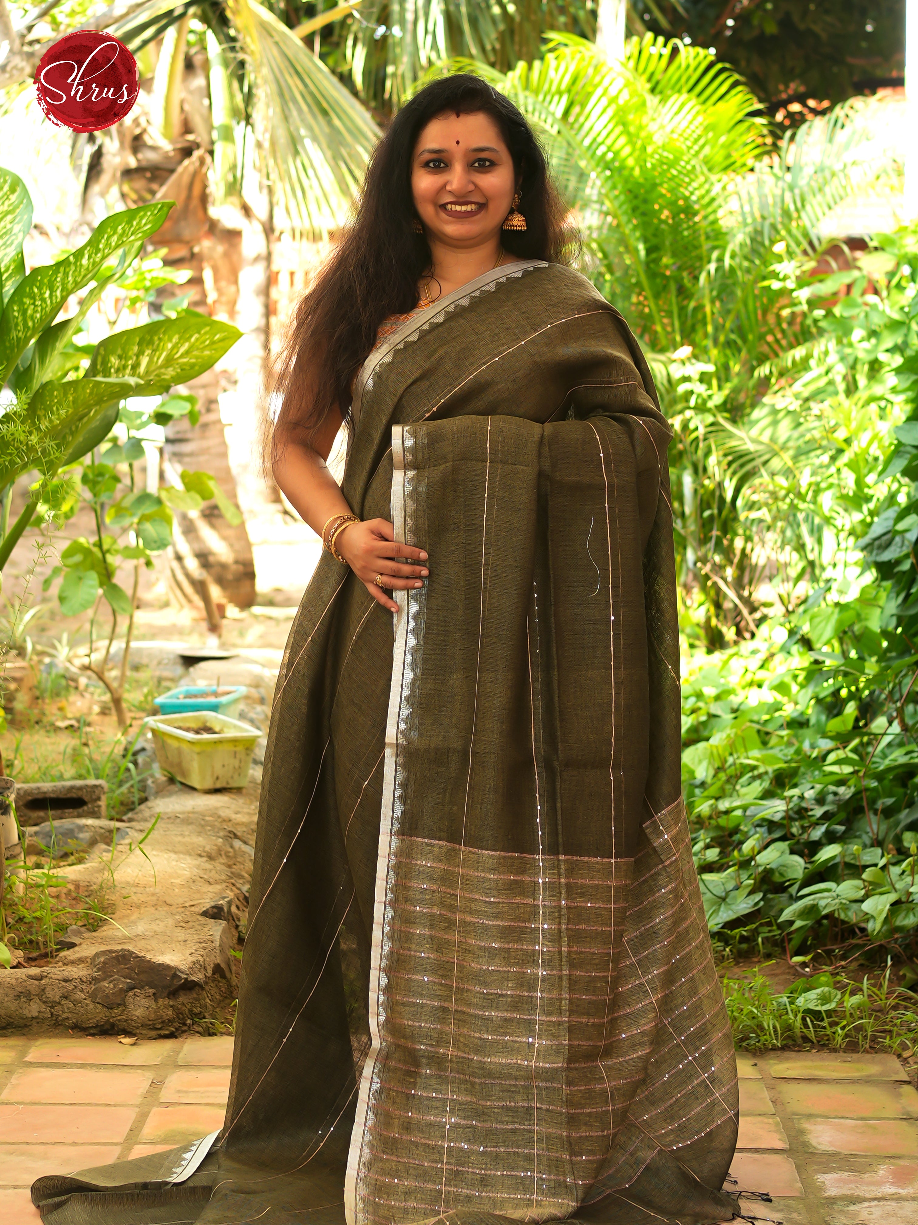 Mehandi Green & Beige - Linen Saree Saree - Shop on ShrusEternity.com
