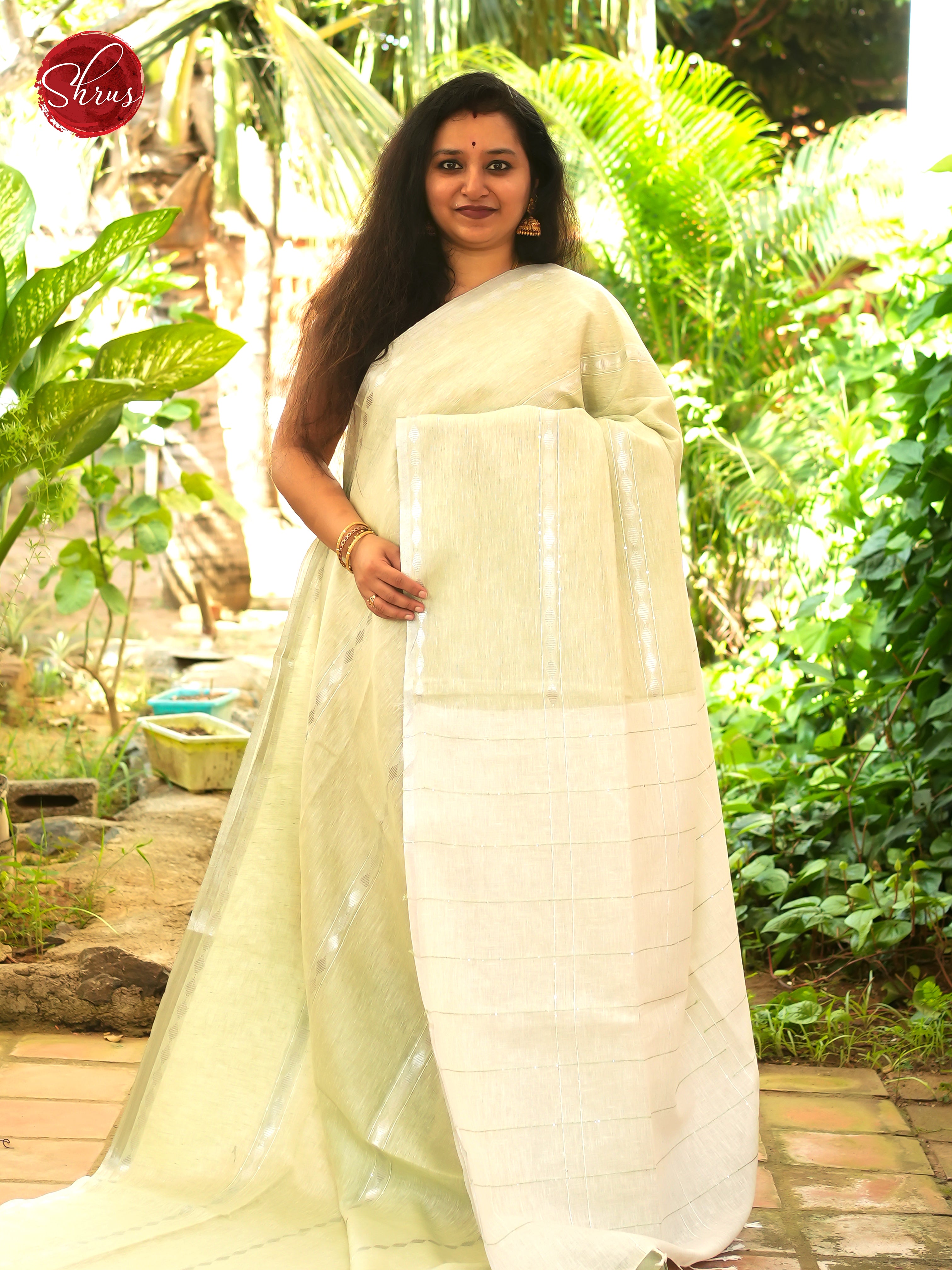 Green & Cream - Linen Saree - Shop on ShrusEternity.com
