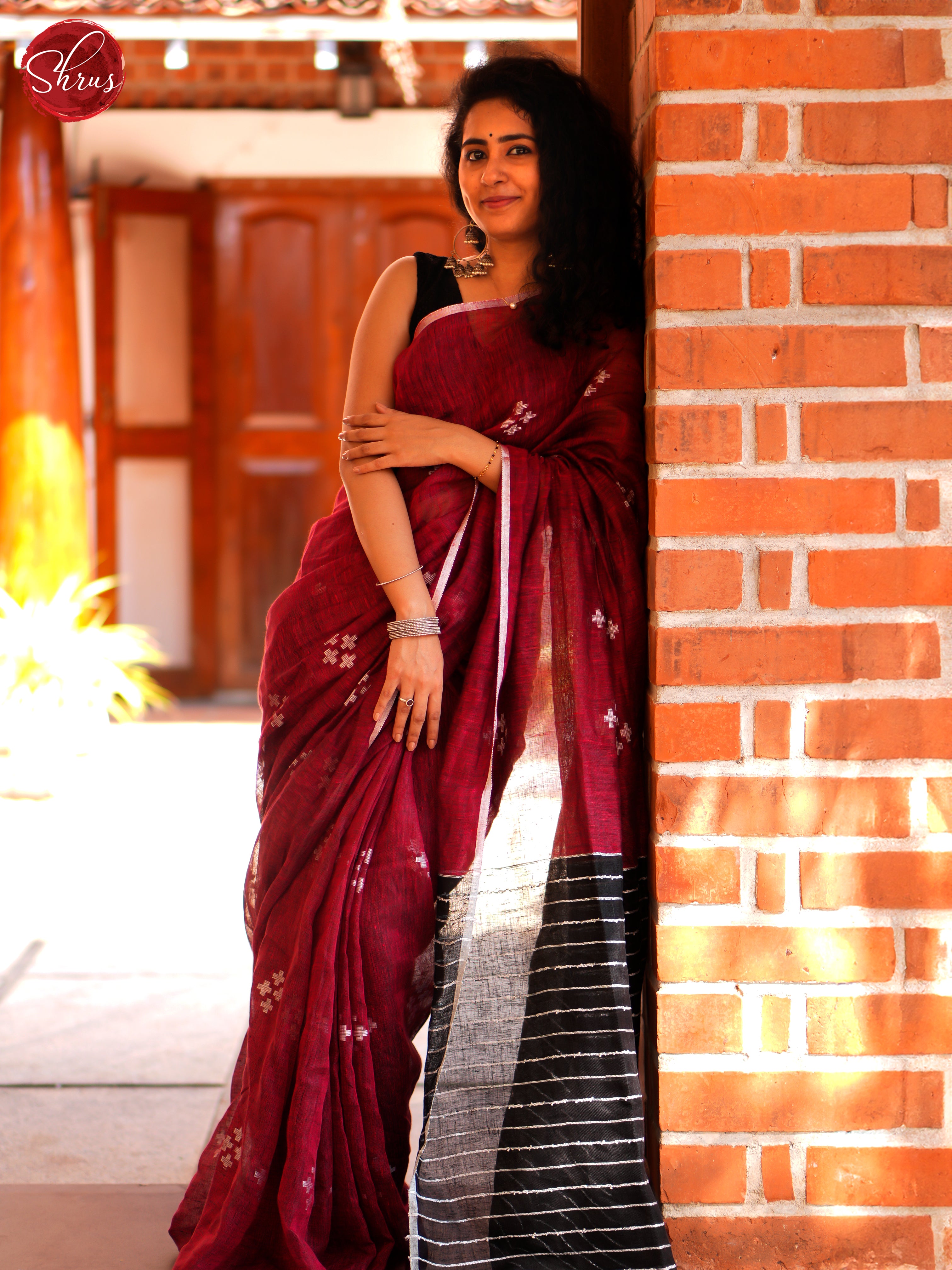 Maroon & Black - Linen Saree - Shop on ShrusEternity.com