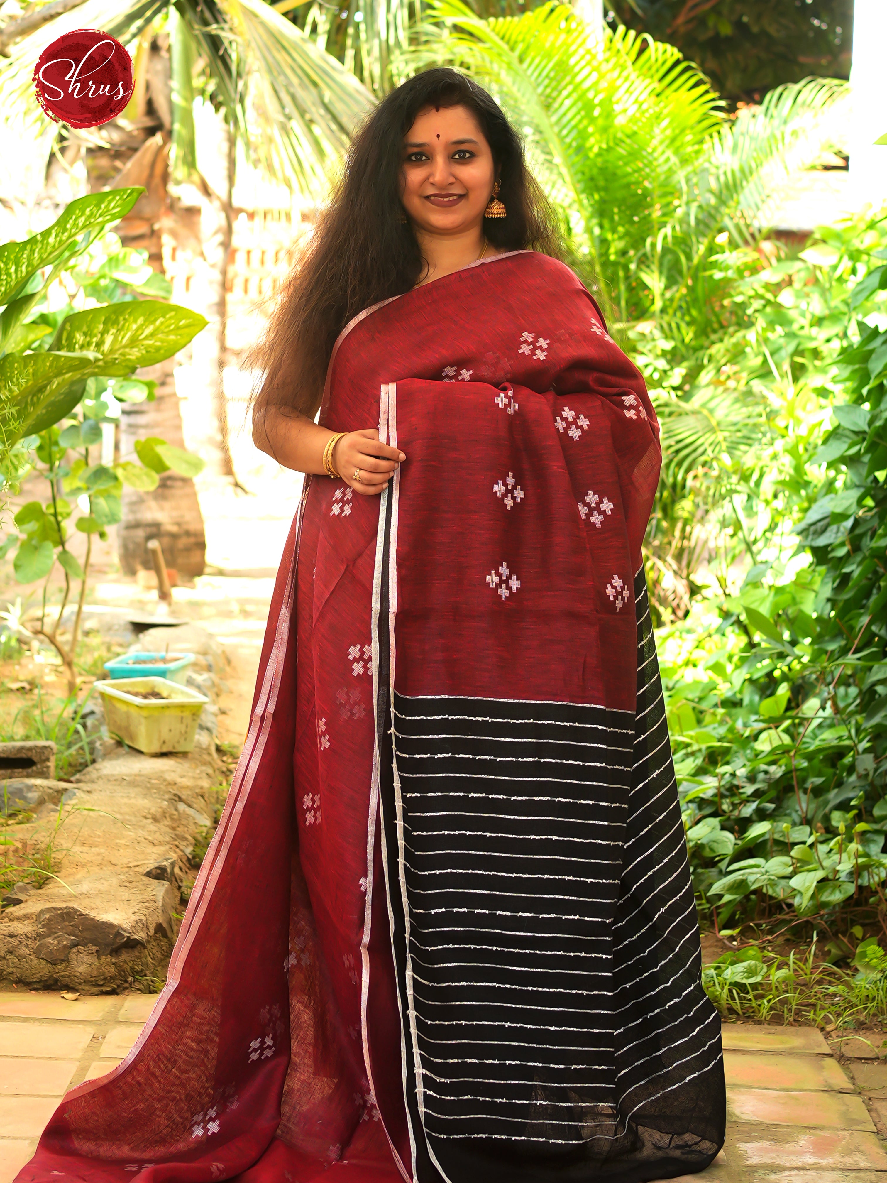 Maroon & Black - Linen Saree - Shop on ShrusEternity.com