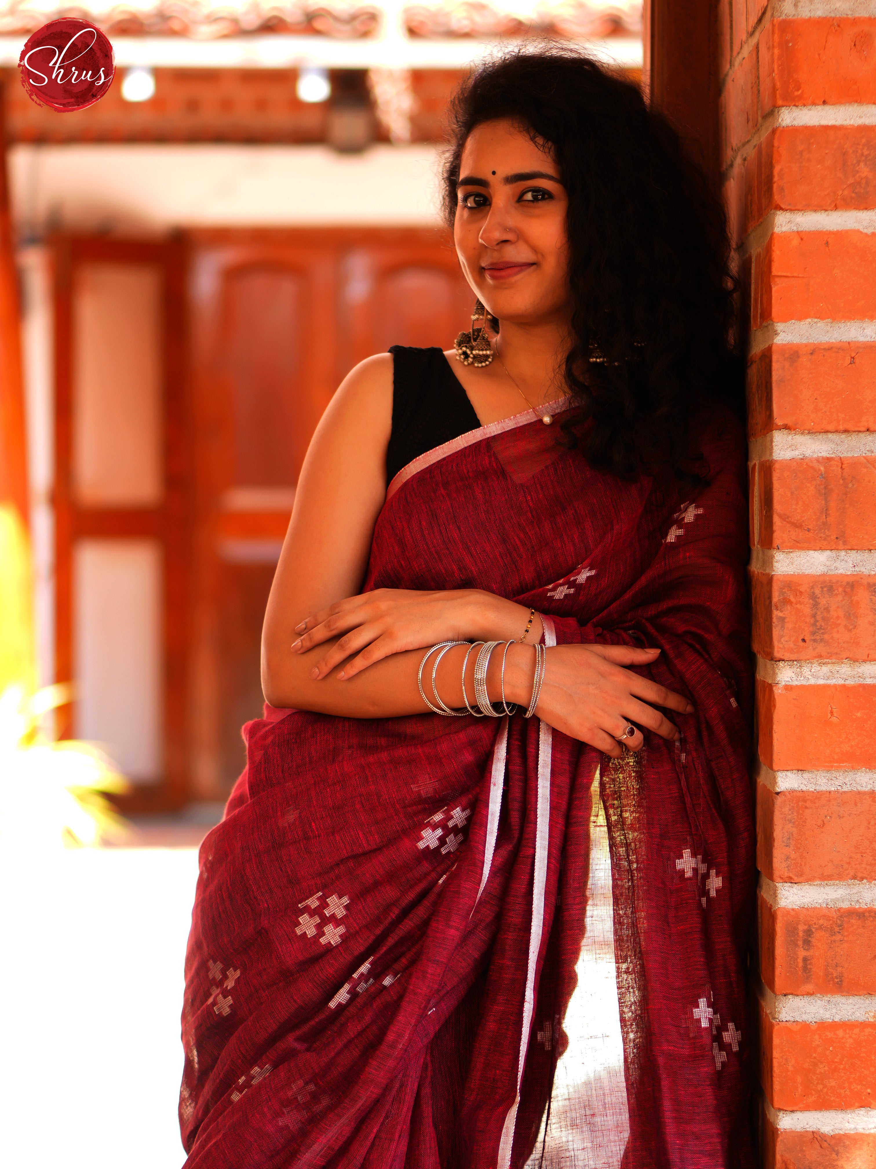 Maroon & Black - Linen Saree - Shop on ShrusEternity.com