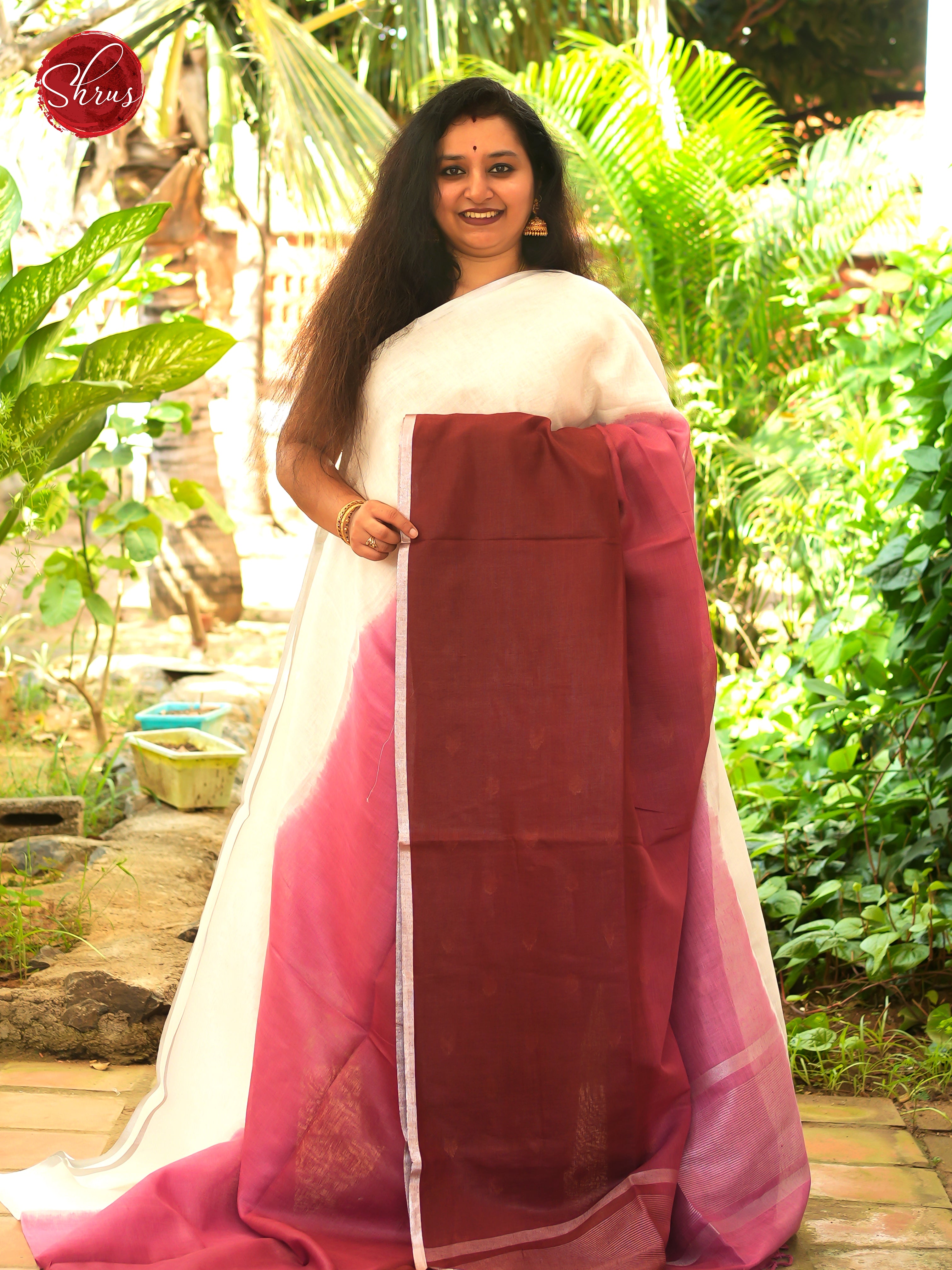 Cream , pink, Maroon - Linen Saree - Shop on ShrusEternity.com
