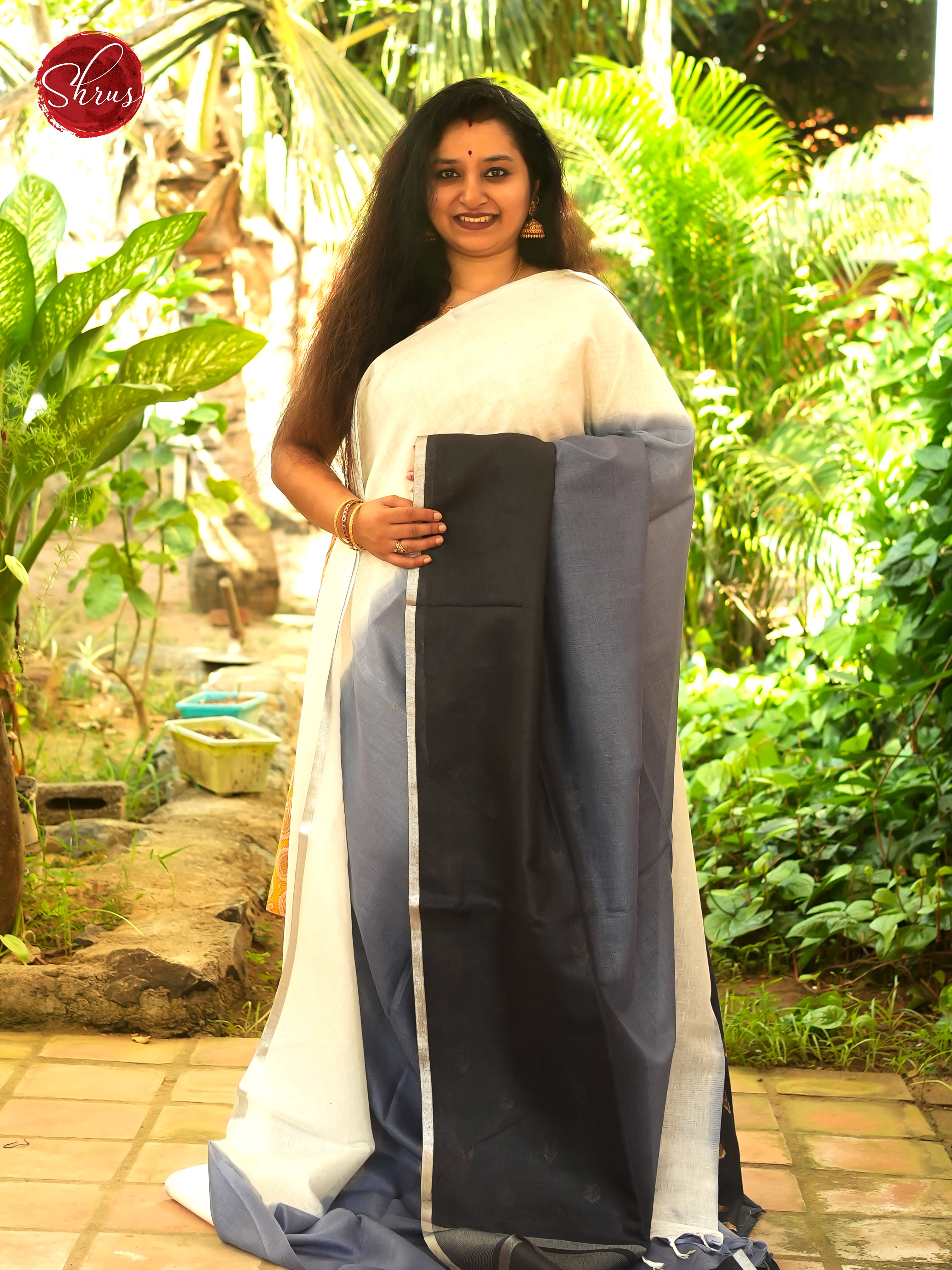 Cream, Grey & Black - Linen Saree - Shop on ShrusEternity.com