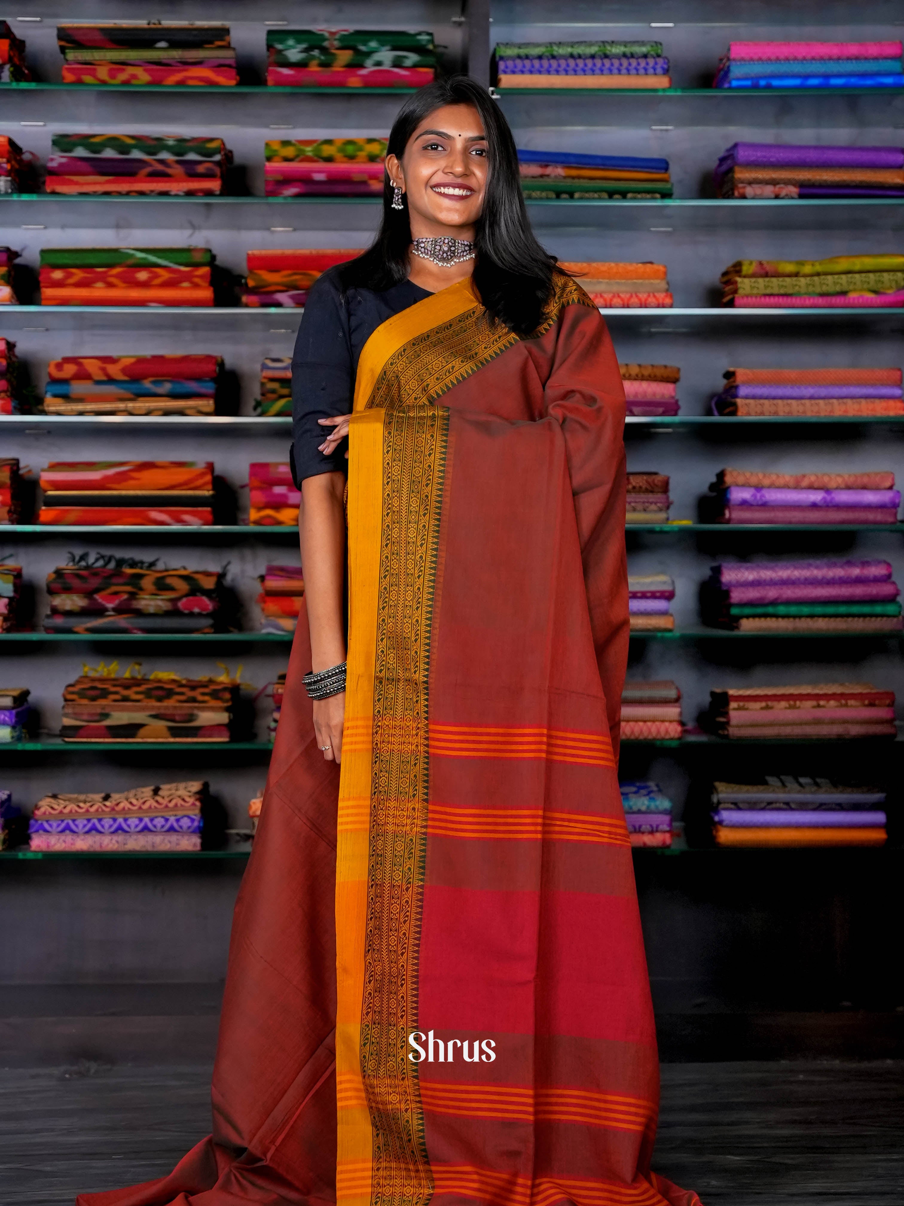Brown & Pink - Linen Saree - Shop on ShrusEternity.com