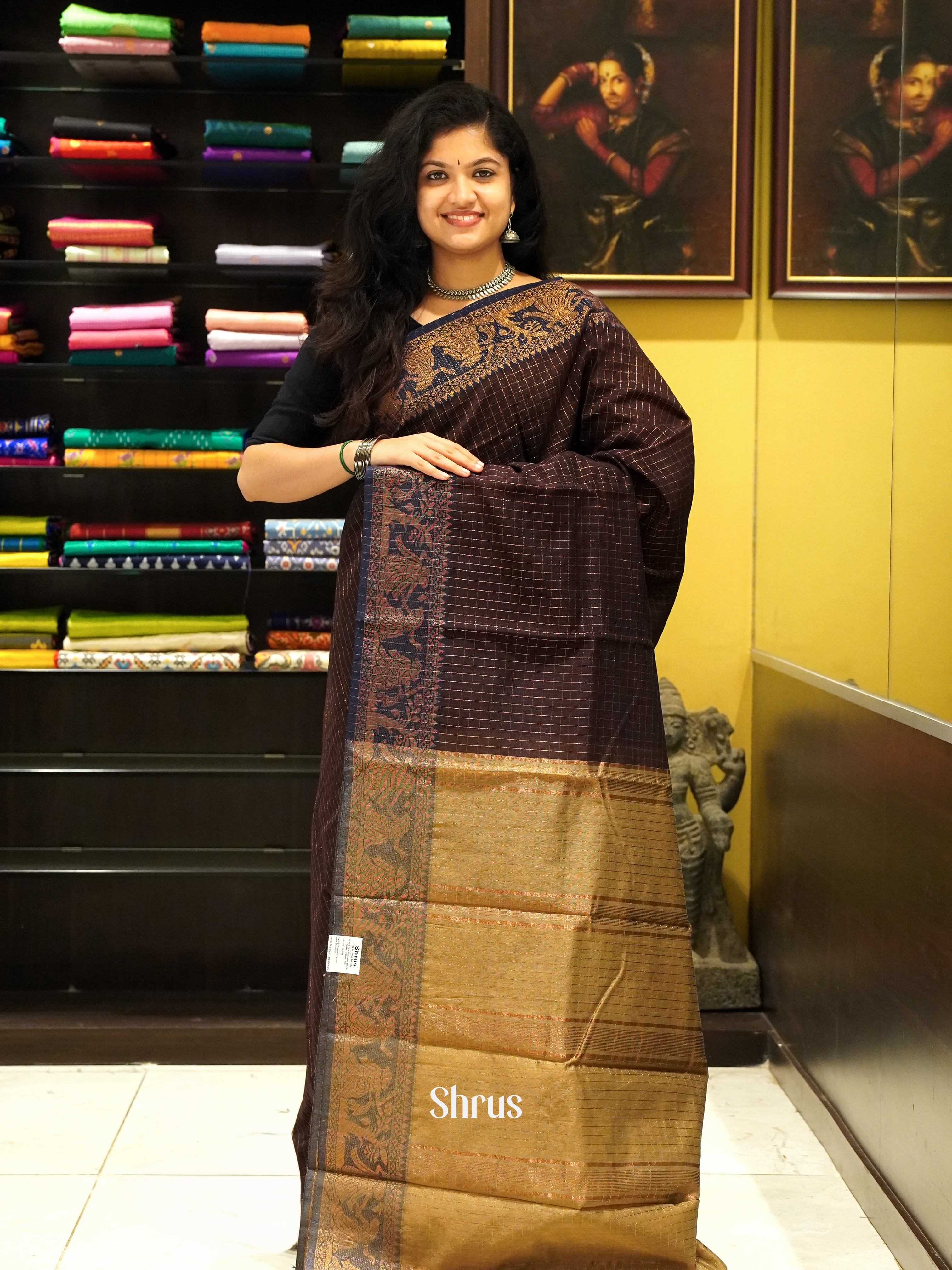 Brown & Gold - Mercerized Cotton Saree - Shop on ShrusEternity.com