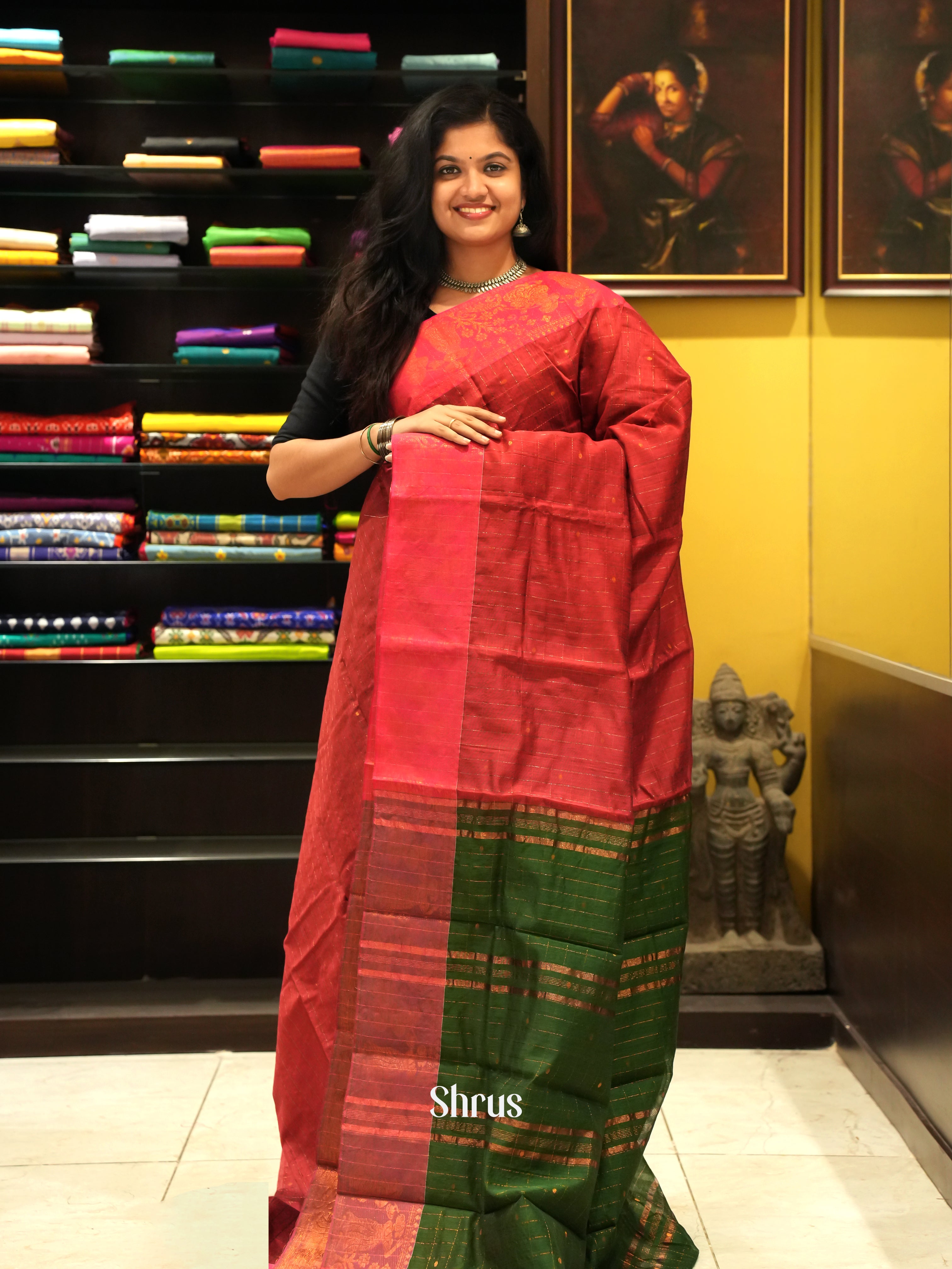 Red & Green - Mercerized cotton Saree - Shop on ShrusEternity.com