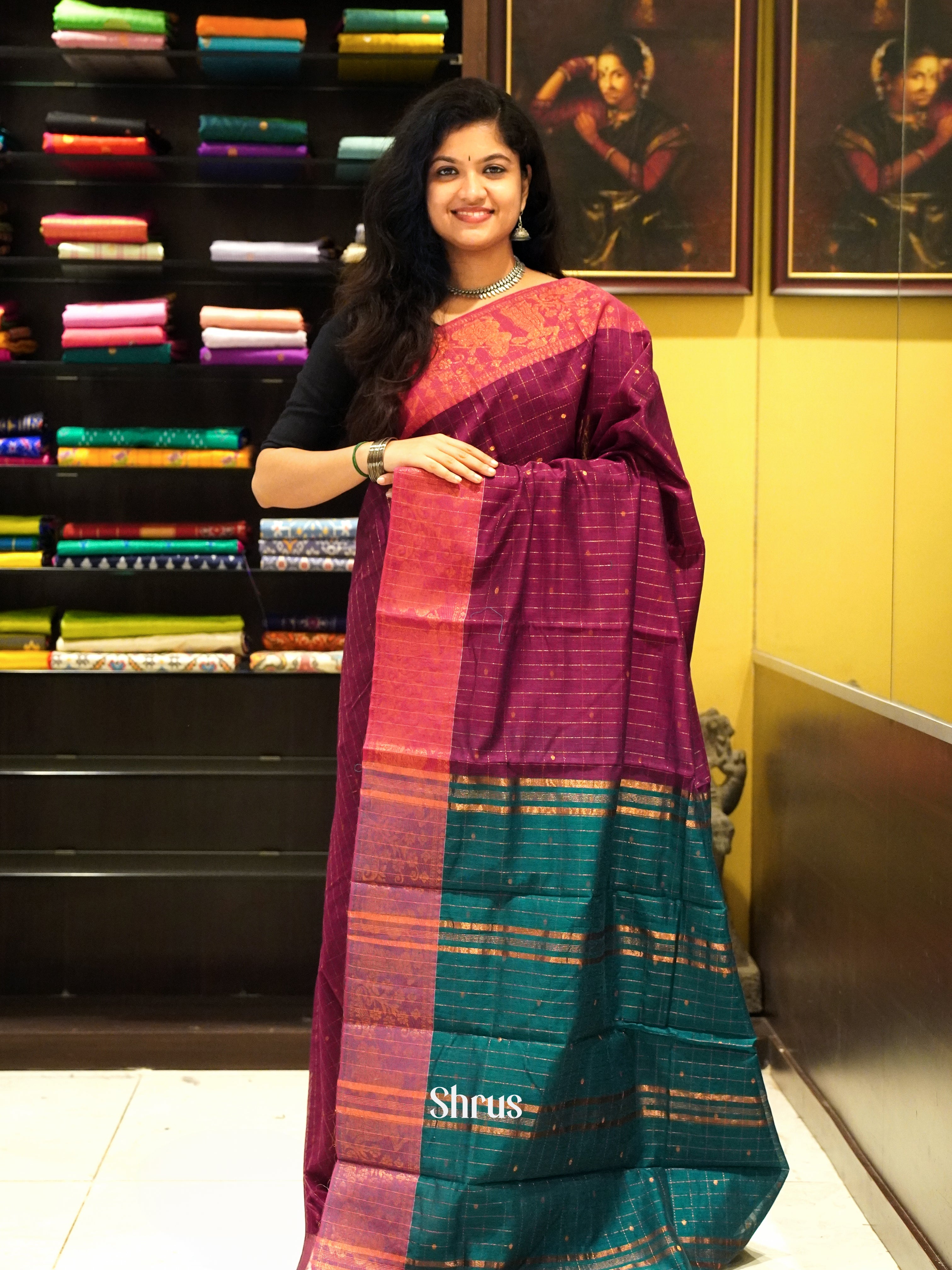 Maroon & Green - Mercerized Cotton Saree - Shop on ShrusEternity.com