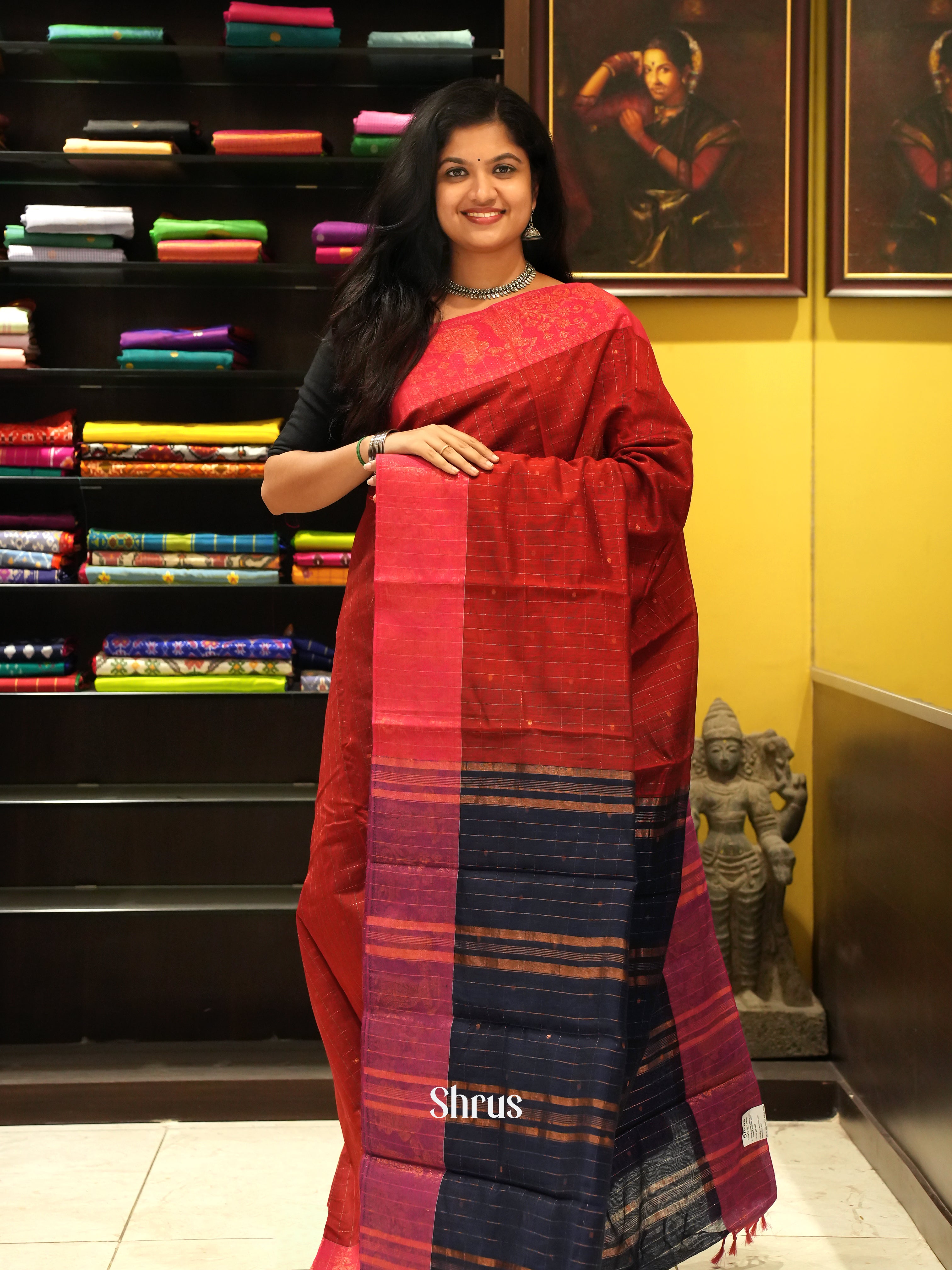 Red & Blue - Mercerized cotton Saree - Shop on ShrusEternity.com