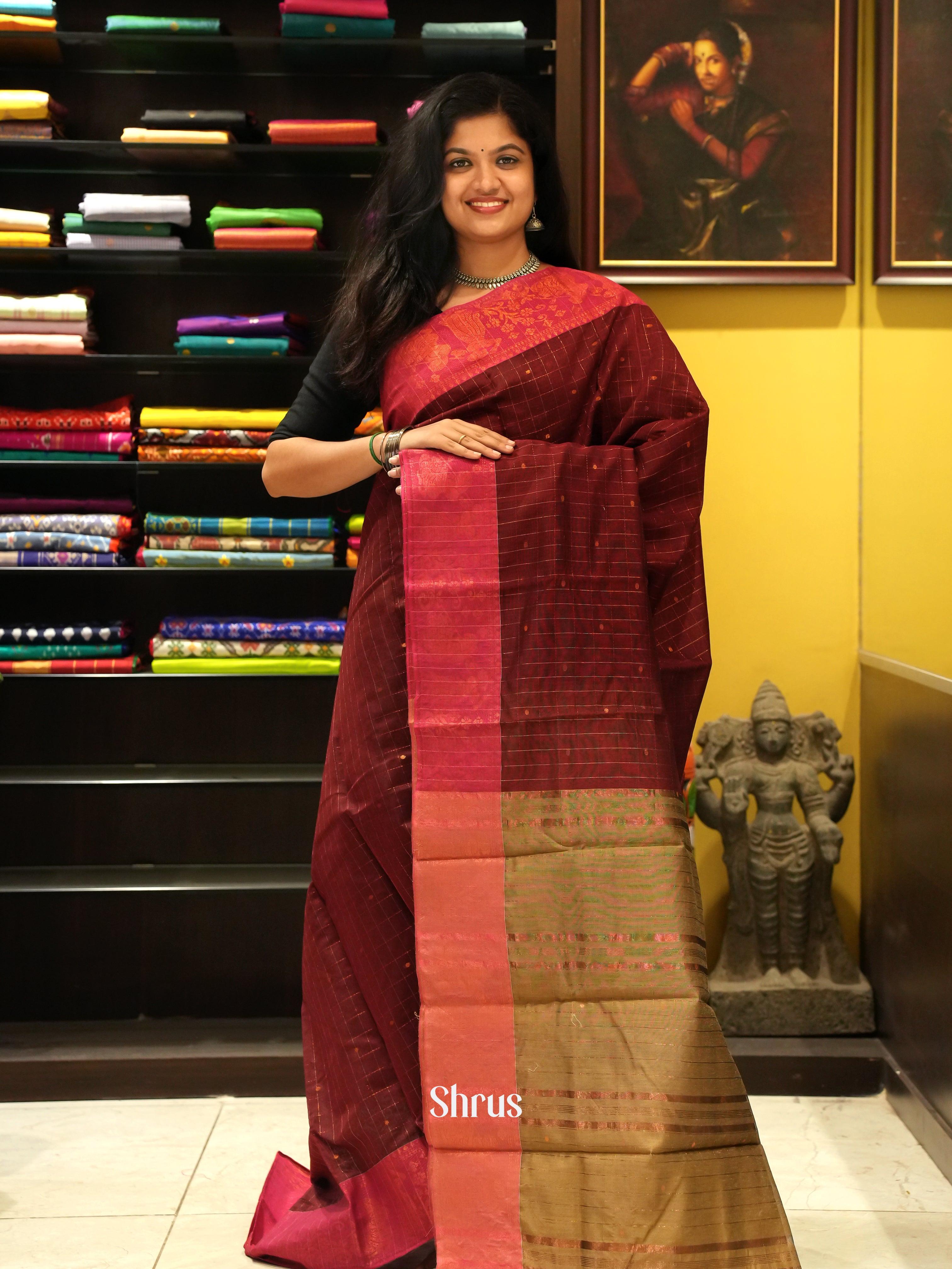 Maroon & Brown - Mercerized cotton Saree - Shop on ShrusEternity.com
